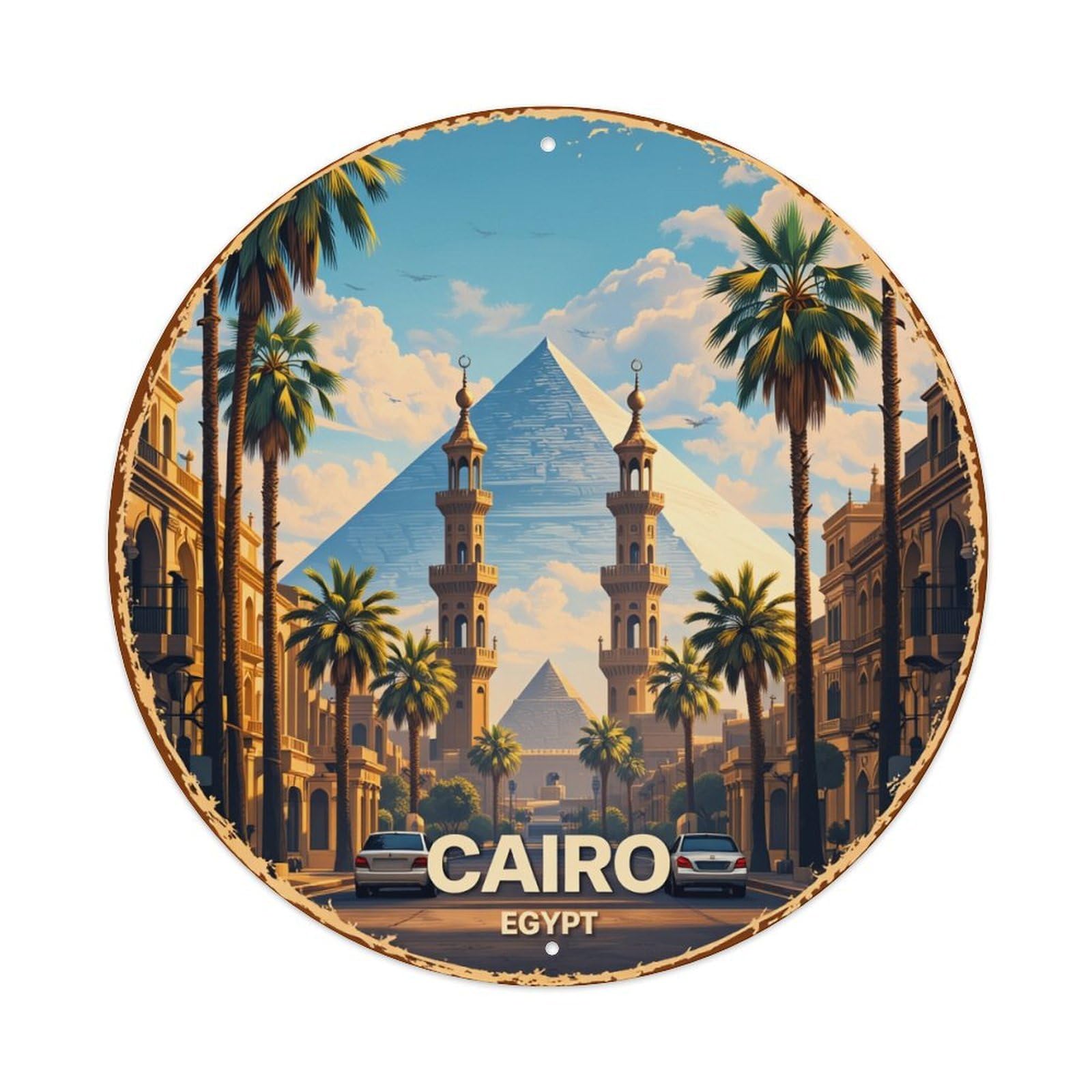 Cairo Egypt Pyramid Palm Street Round Tin Sign Vintage Metal Poster, Home Bar Garage Man Cave Cafe Indoor & Outdoor Wall Decoration 8x8Inches