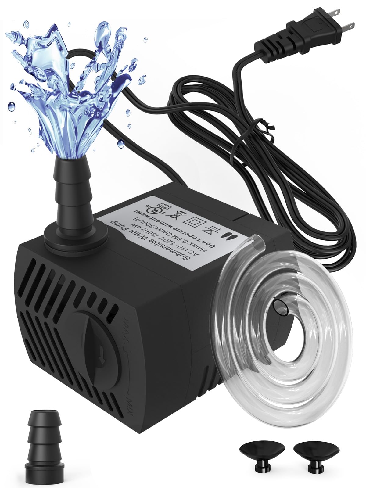 Zatapialna pompa wodna 80 GPH (300 l/h, 4 W), trwała pompa do fontanny outdoorowej z wężem 1,5 m do akwariów, akwariów, fontann stawowych, statuetek, hydroponicznych, studni wodnych