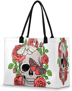 Bolsa feminina - Bolsas de compras de supermercado reutilizáveis com alças Sugar Skull Butterfly Rose Grande Bolsa de praia Bolsas de trabalho Bolsa de ombro Bolsas de mão para serviço pesado para compras, praia, trabalho, Multi