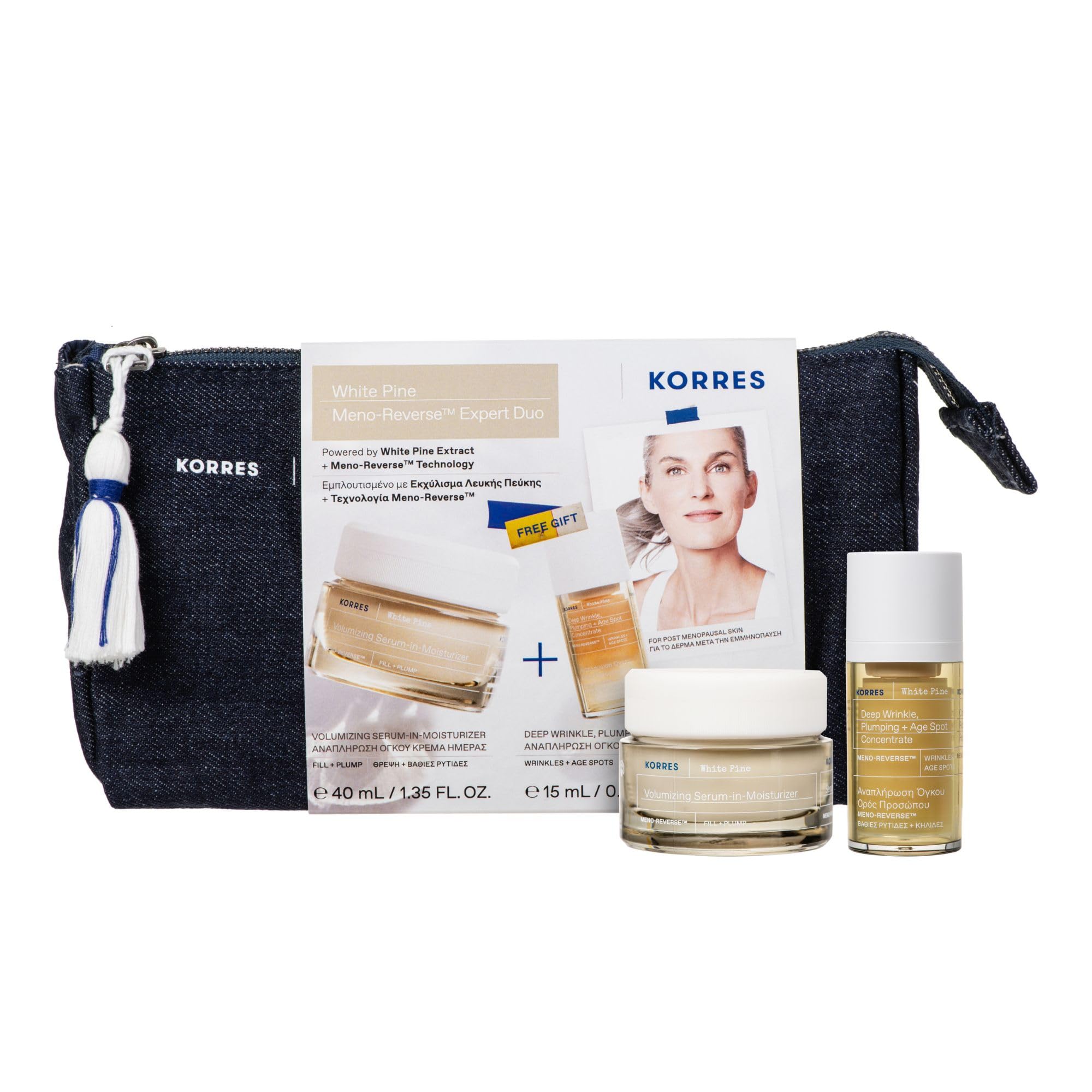 KORRES White Pine Meno-Reverse - Expert Duo, Anti-Aging Vorteilsset aus Serum-in-Creme 40ml und Konzentrat 15ml für aufgepolsterte und gestraffte Haut nach den Wechseljahren, vegan