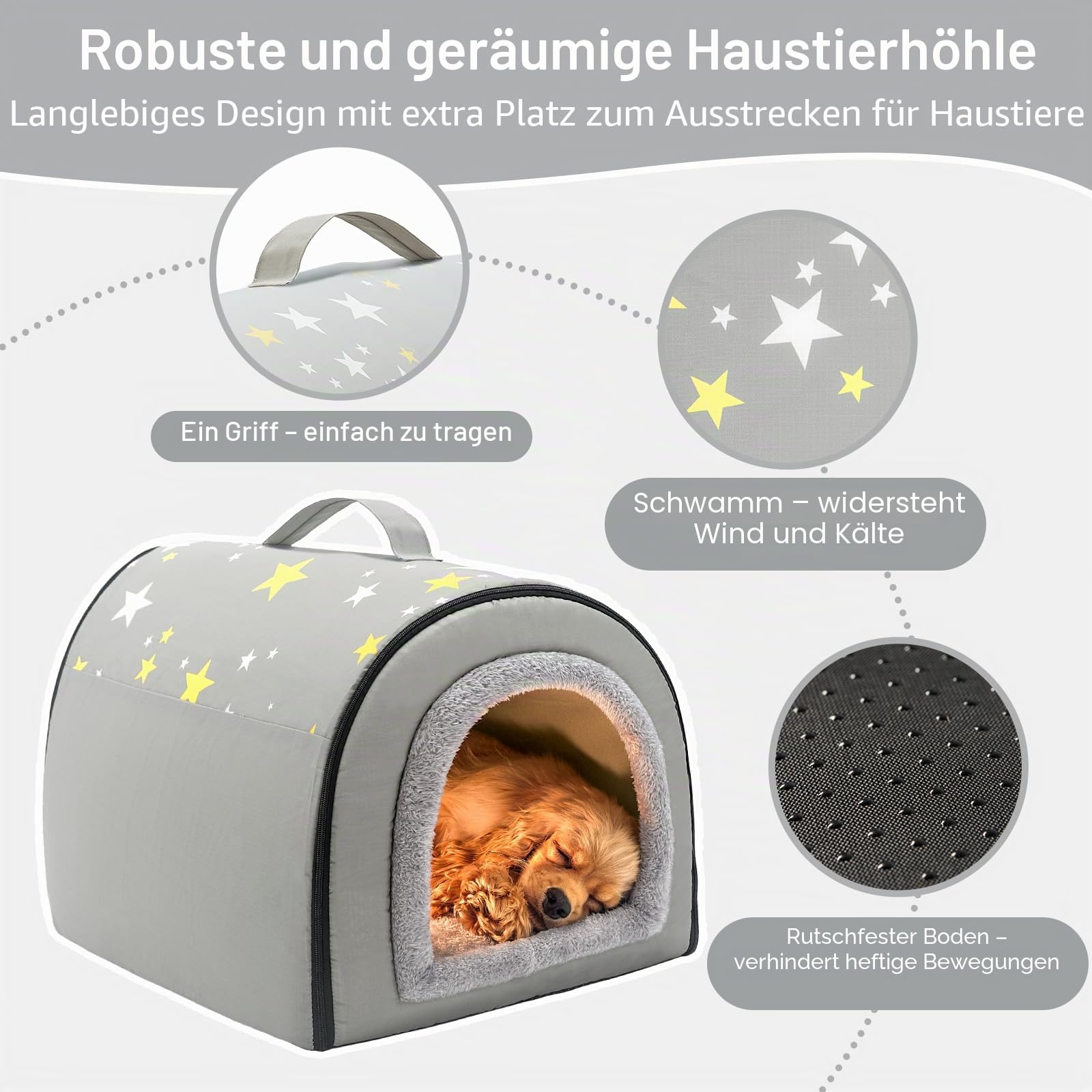 Jiupety Hundehütte Indoor, 2-in-1 Hundehaus für Drinnen, Größe L Hundehöhle Mittelgroße Hunde, Warme Höhle Schlafnest, Grau