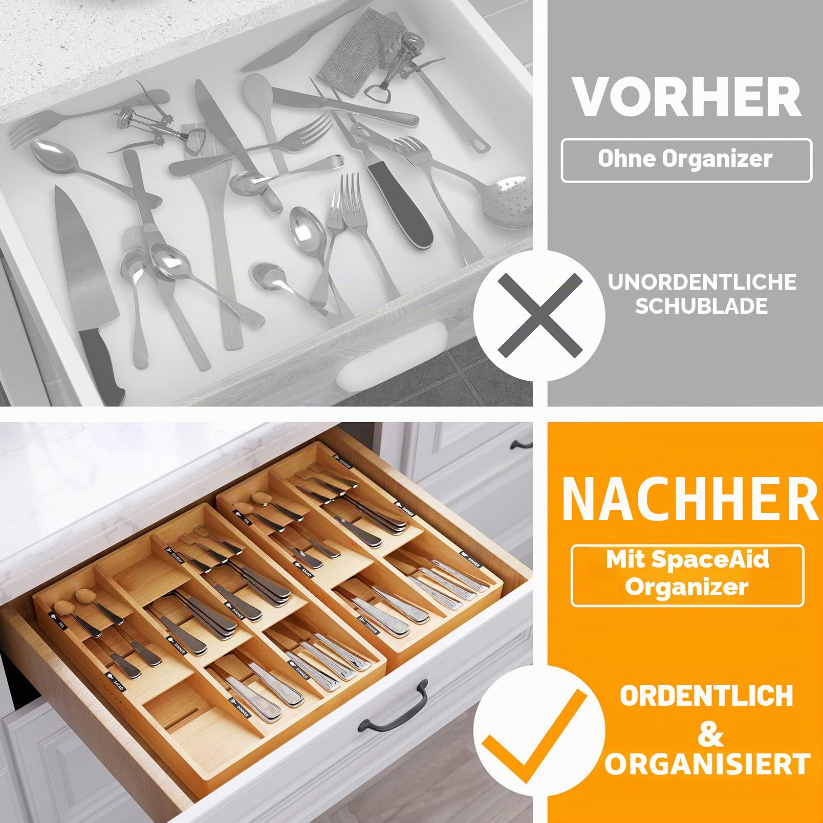 SpaceAid Schubladen-Organizer aus Bambus mit Etiketten, Küchenutensilien-Tablett, Organizer für Besteck, Besteck, Löffel und Messer, Schubladenaufbewahrung (Natur, 6 Fächer)