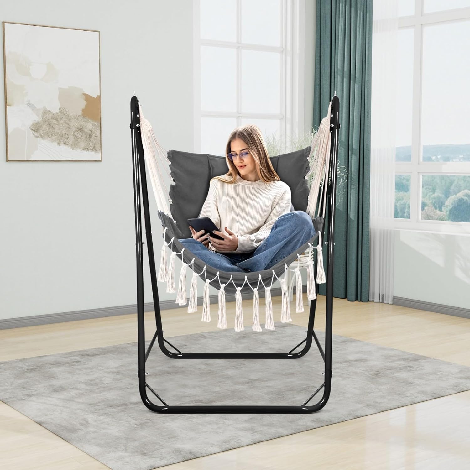 Hammock Chair with U Shape Stand, Cotton Swing Chair with Side Pocket, Heavy-Duty Metal Frame with Hanging Seat, Multi-Functional Swing Stand for Indoor and Outdoor Patio Yard Garden (BlackGray)