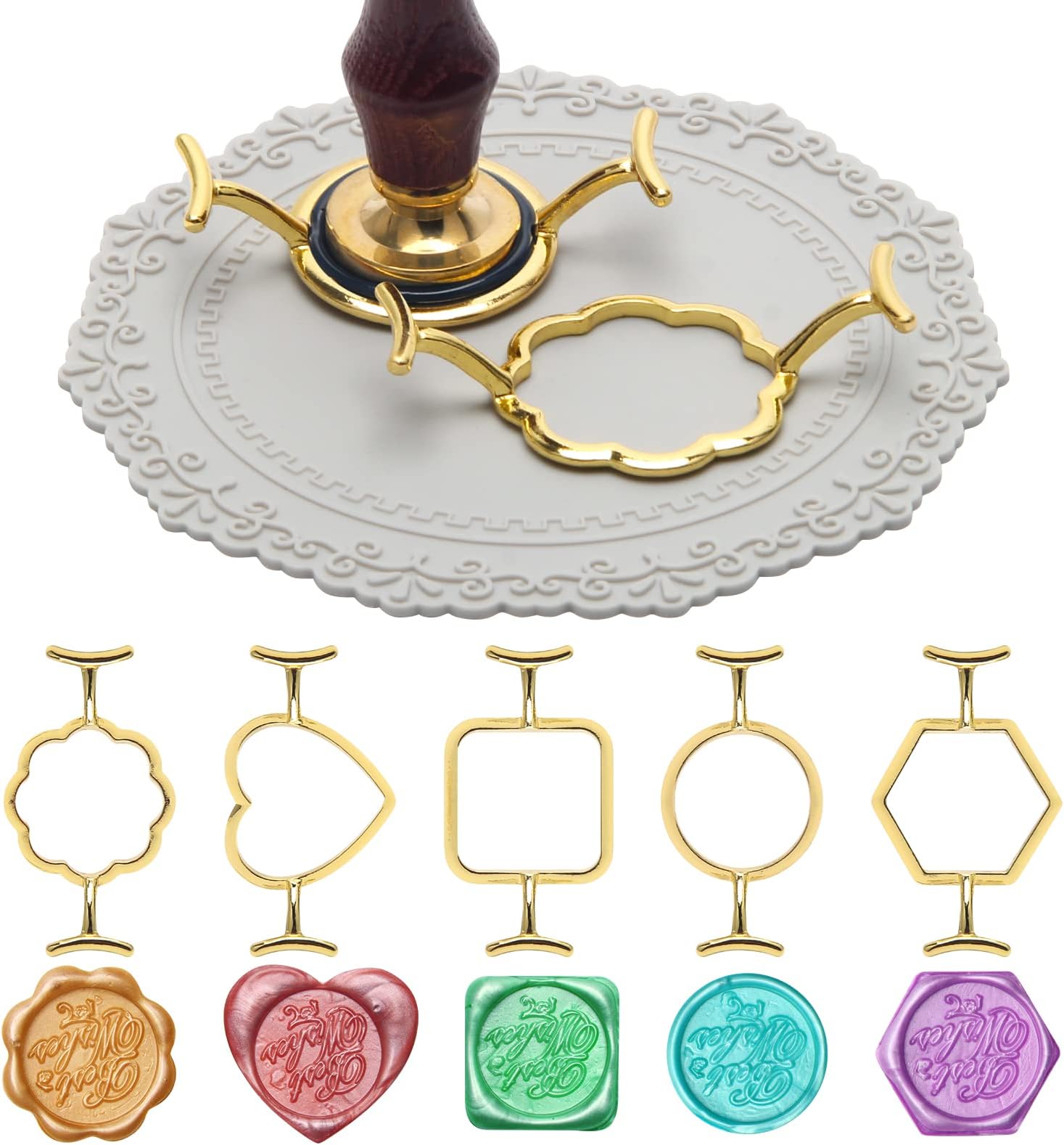 5+29 Pcs Metal Wax Seal Mold, Luxiv Gold Wax Seal Stamp Mold Round Flower Square Hexagonal Heart Shap Metal Mold for Wax Sealing with Silicone Mat, 28 Pcs Wax Stickers for Envelope, Card, Wrapping