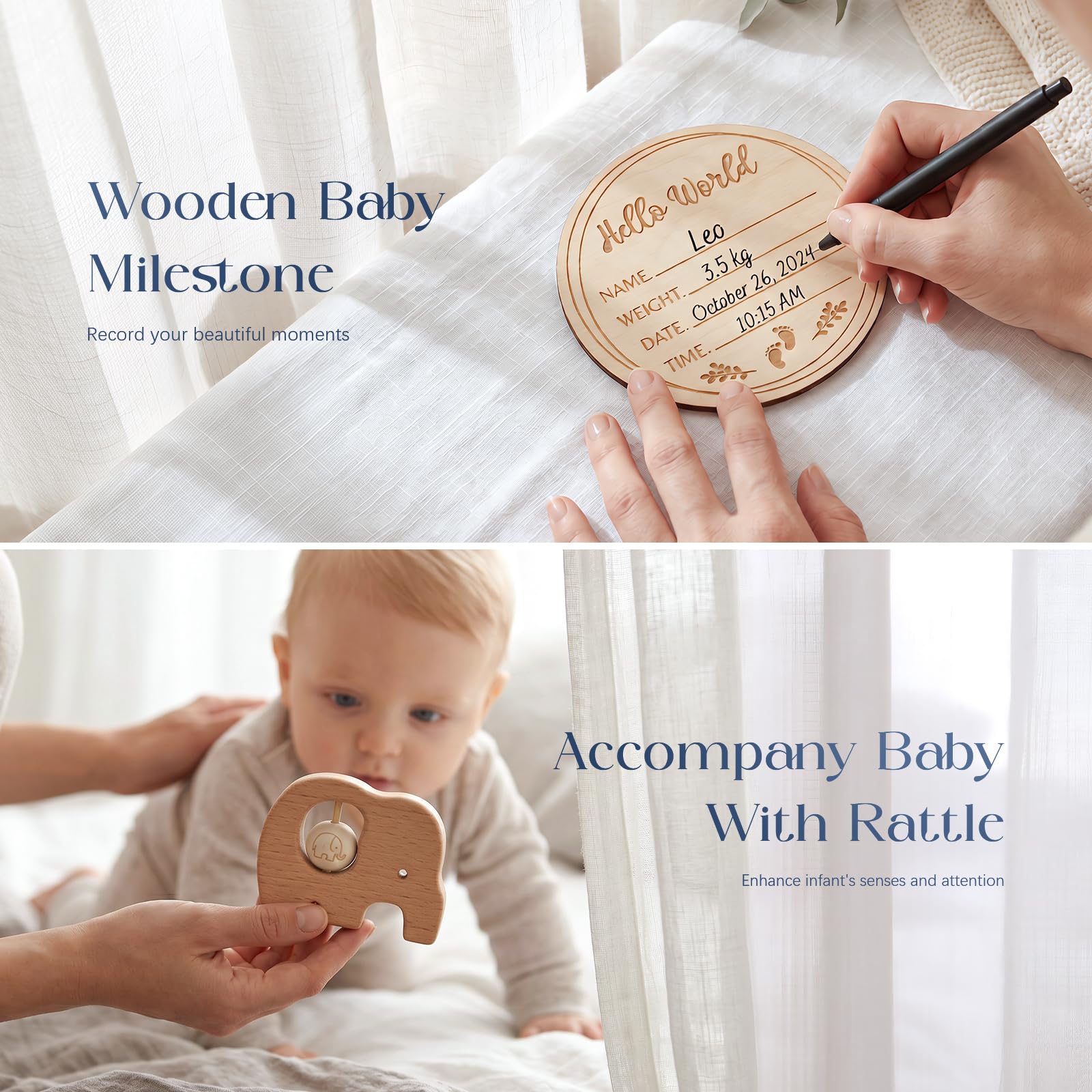 Set Regalo Neonato Nascita Bimbo, con Pagliaccetto Coperta Bavaglino Calzini Antiscivolo Sonaglio Giocattoli di Peluche Regalo Neonato Nascita Battesimo Maschio Bimba Regali Baby Shower Unisex