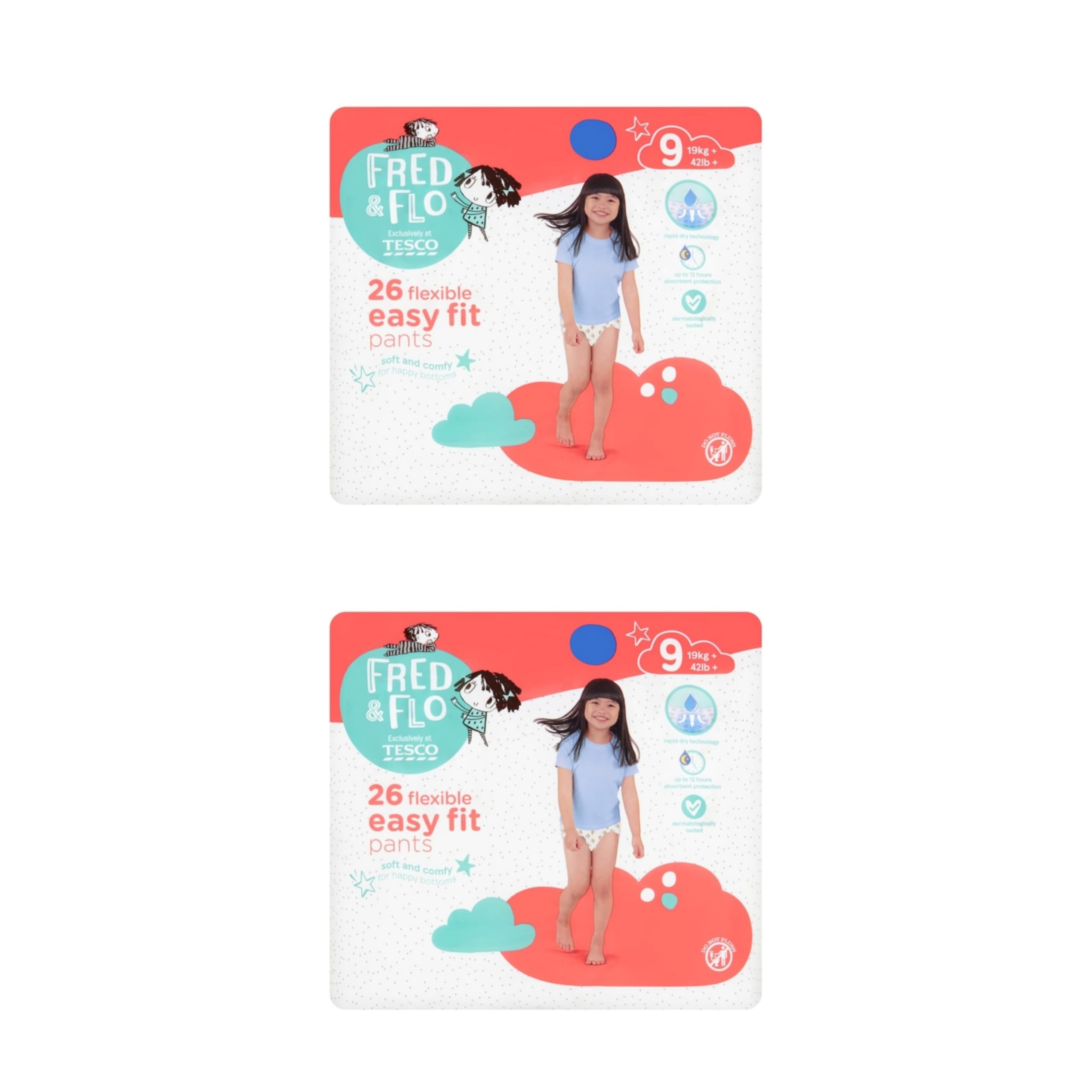Bizzal Fred & Flo Flexible Easy Fit Pants, Size 9 (19kg-42lb), 26 Count, Soft and Comfy,Pack of 2
