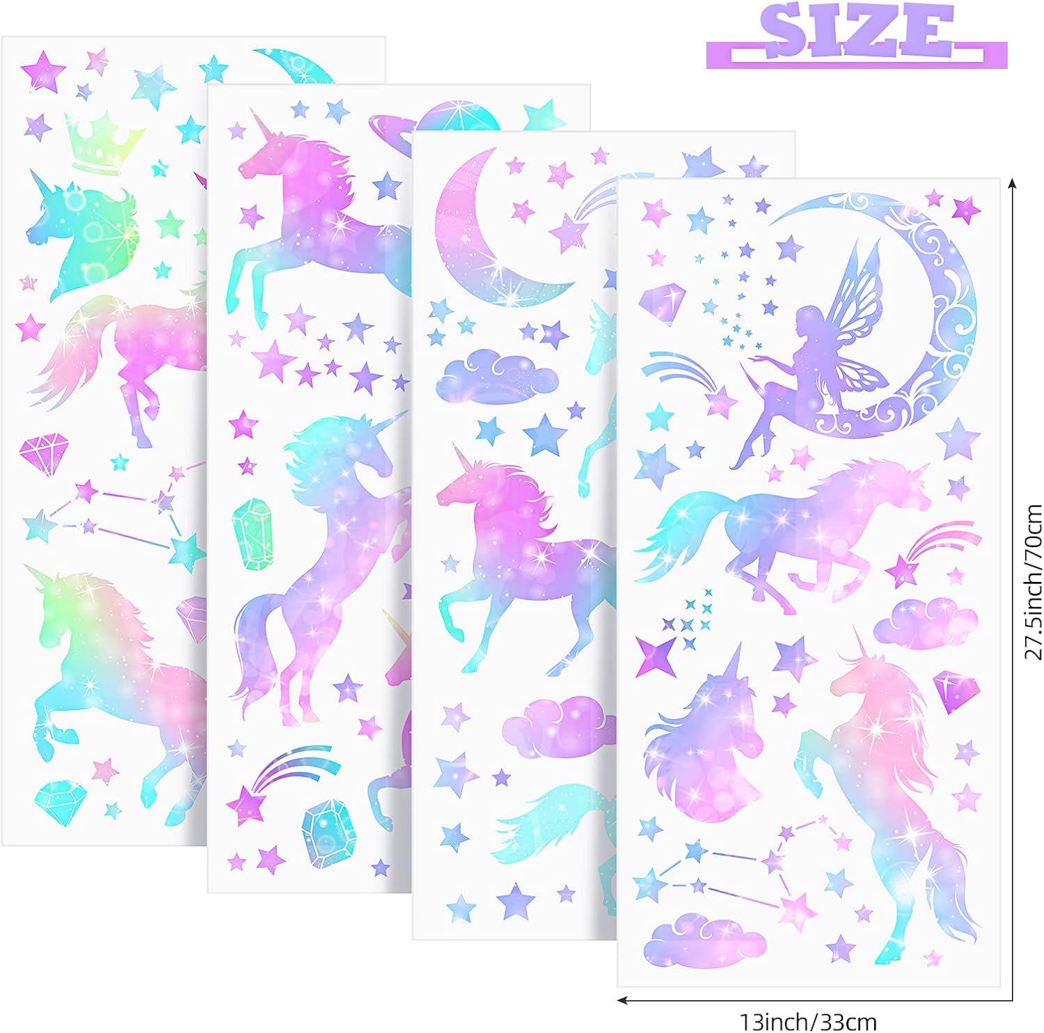 4 Sheets of Unicorn Peel and Stick Wall Decal Glitter Unicorn and Fairy Wall Stickers Cartoon Wall Decals Removable DIY for Bedroom Playroom Living Room Decor - Image 5