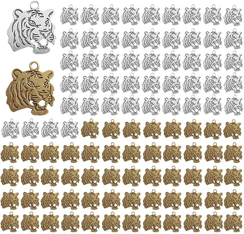 Opexicos 100 dijes de cara de tigre, colgantes de tigre, tono plateado envejecido, doble cara, accesorios hechos a mano, 1.063 x 0.945 in