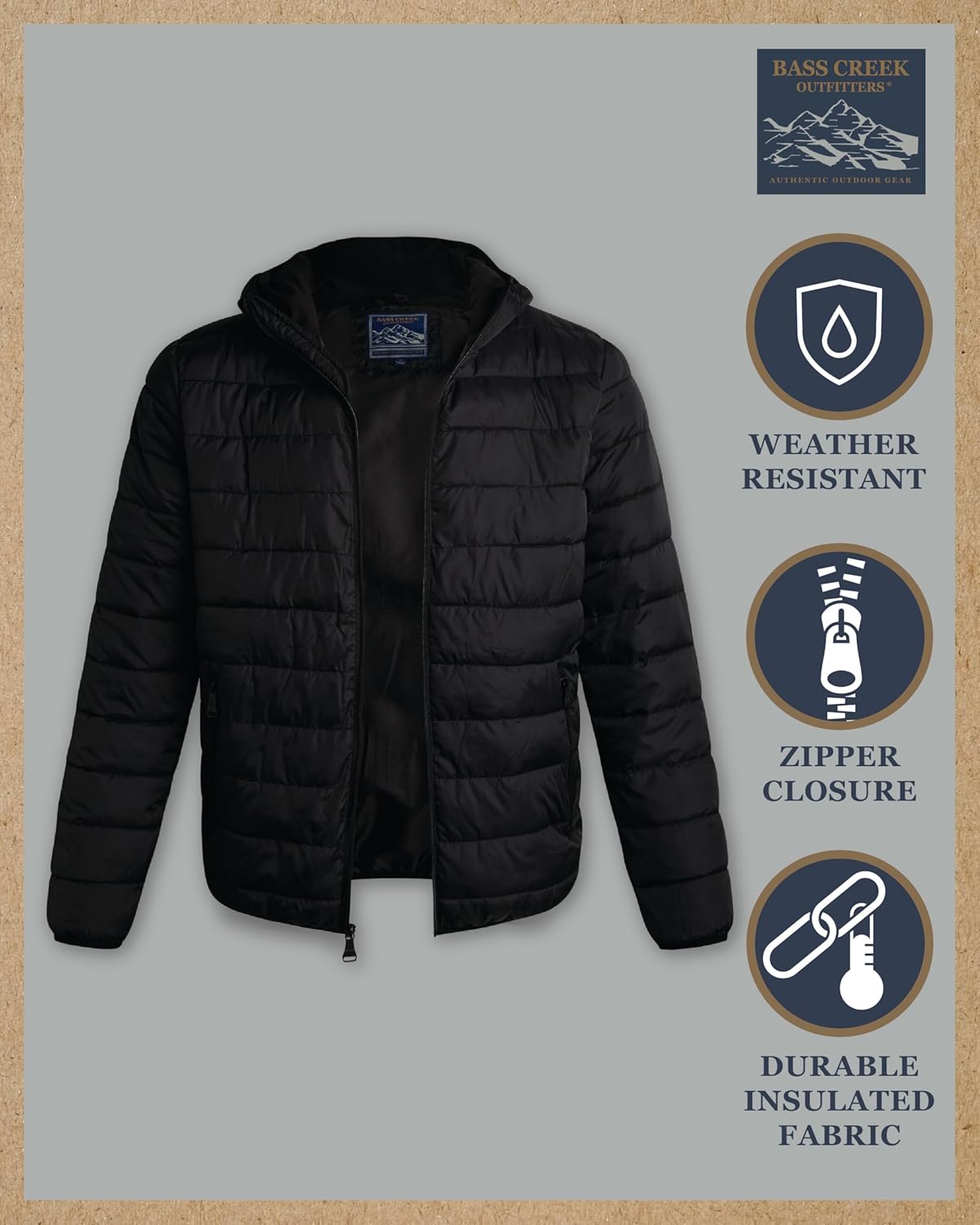 Bass Creek Outfitters Mens Winter Puffer Jacket - Weather Resistant Zip Up Winter Coats for Men Insulated Hooded Puffer Coat - Image 2