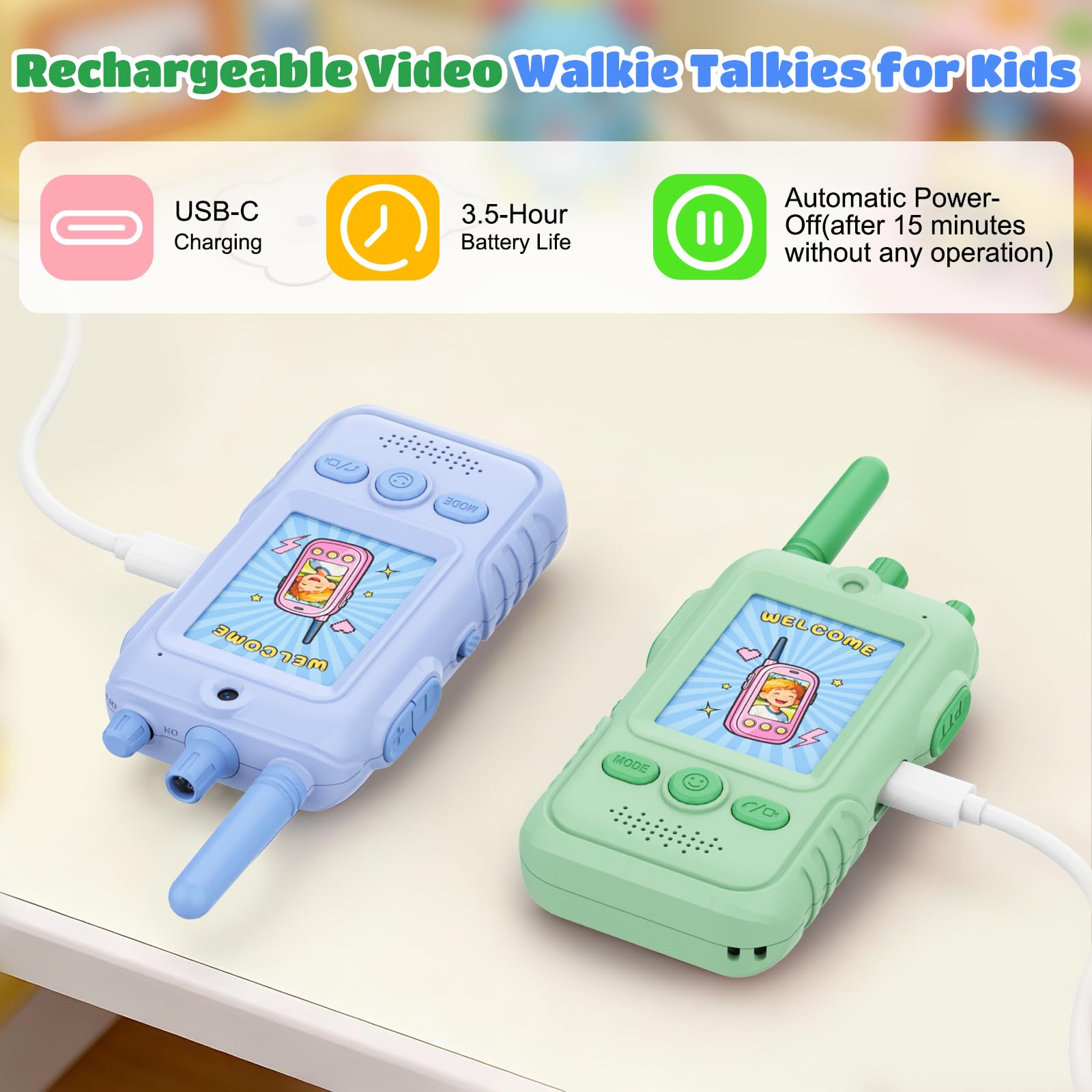 Video Walkie Talkie Kinder, 2er Set Walky Talky Kinder Aufladbar mit Kamera, Funkgerät Kinder mit Gürtelclip & Taschenlampe, Geschenkideen Jungen Geschenk für 3 4 5 6 7 8 Jahre