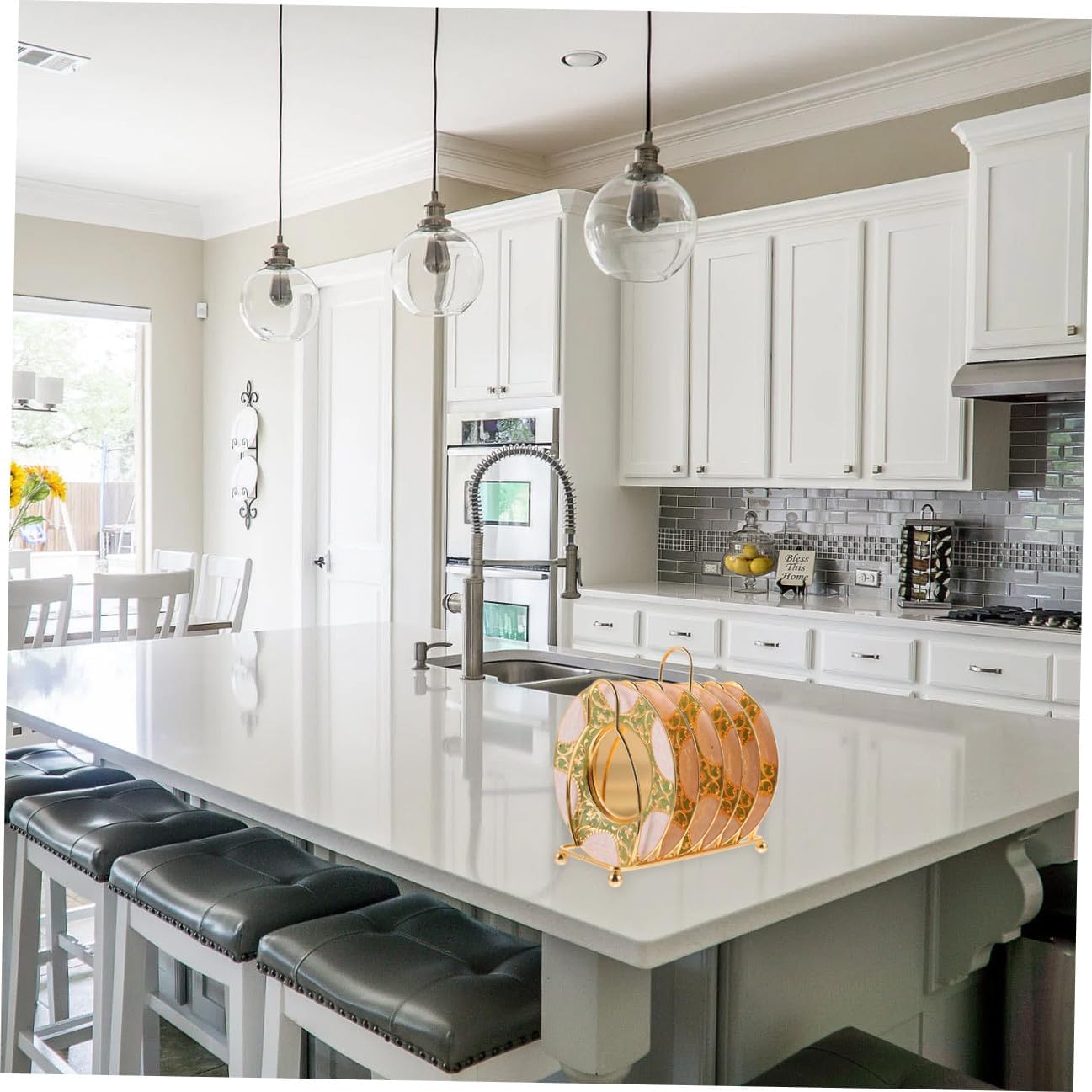 Zinc Alloy Stylish Cup Holder Set with Anti-Spilling Saucers and Rack for Table Decor and Office Use