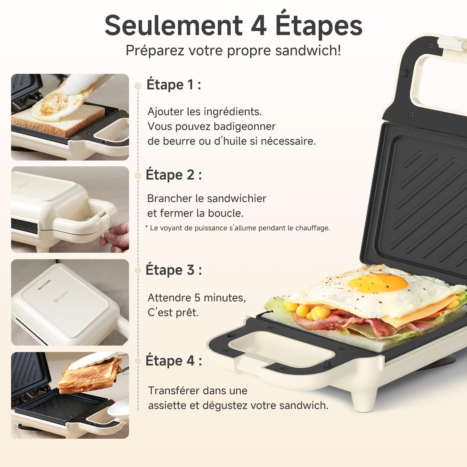 SIMPLUS Appareil à Croque-Monsieur, Grill Panini Sandwich Électrique 650W Antiadhésif PTFE Sans PFOA, Cuisson Rapide 5 min Double Face, Anti-Débordement, Protection Thermique, Steak Œufs Bacon
