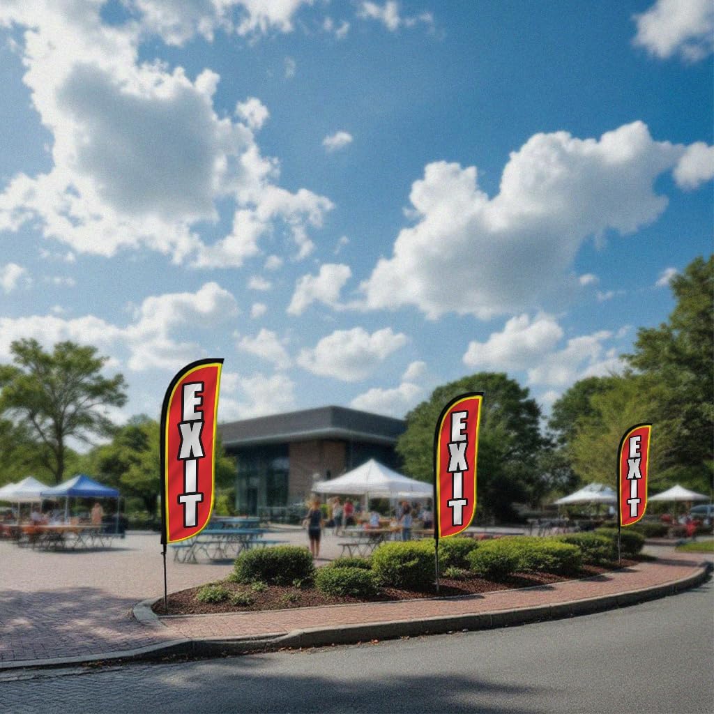LookOurWay Feather Flag Set - 5ft Tall Advertising Banner Flag with Pole Kit and Ground Spike for Business Promotion - Exit