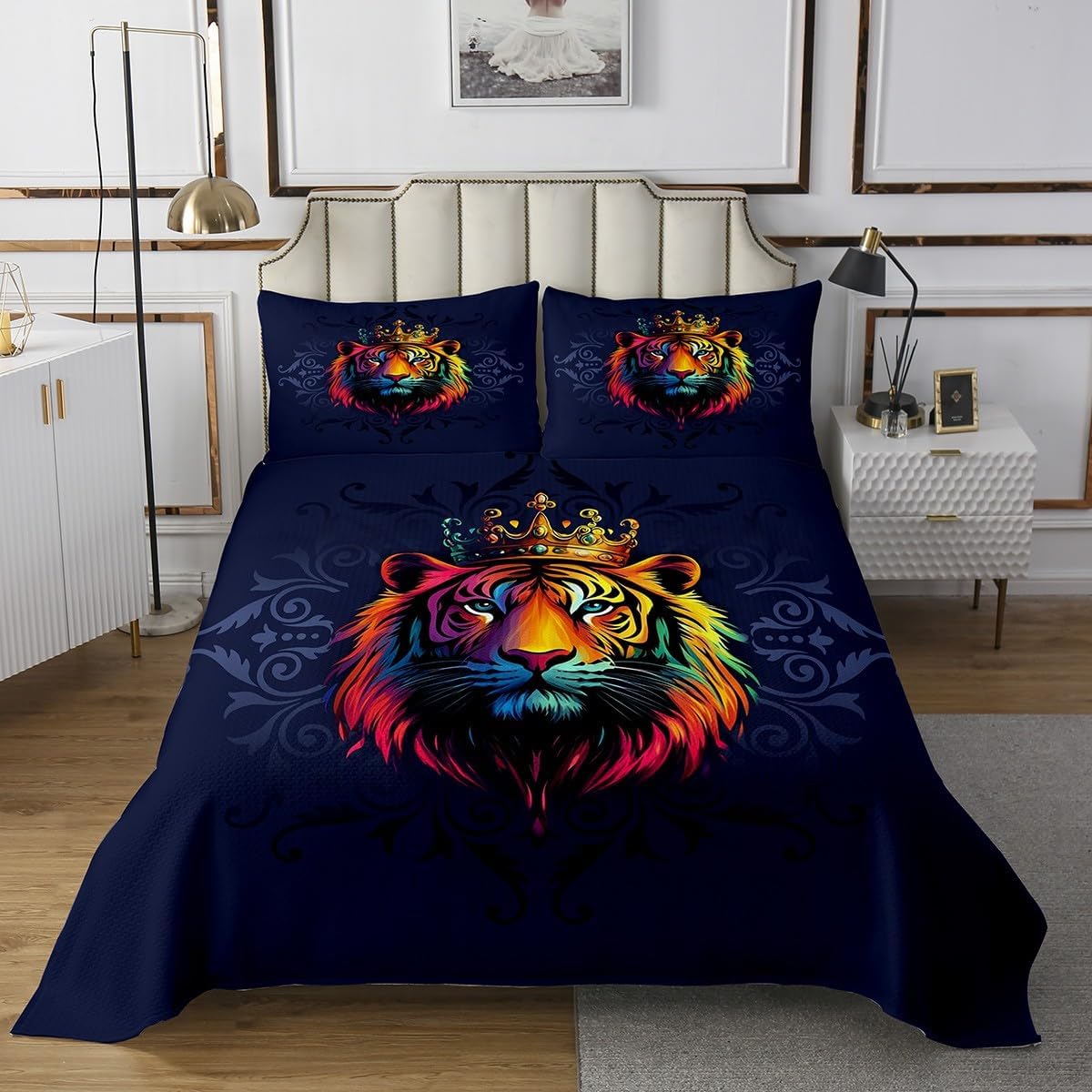 Erosebridal Tiger Damask Bedspread Set King,Dark Blue Tribal Flowers Bedding Set for Kids Boys Girls Bedroom,Bohemian Floral Medallion Bed Set,Safari Wild Animals Wildlife Coverlet Set