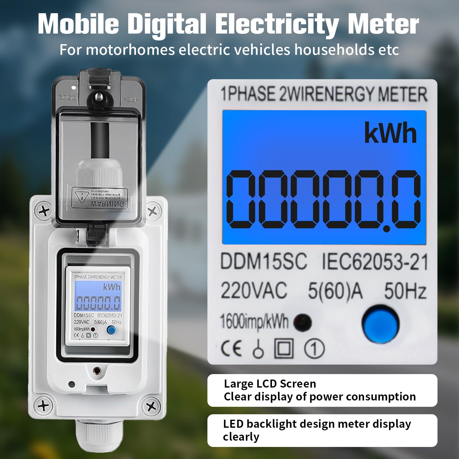 Contatore elettrico digitale per presa di corrente – Misuratore di consumo digitale portatile con design impermeabile IP67, funzione di interruzione di corrente e corrente nominale 16 A per camper
