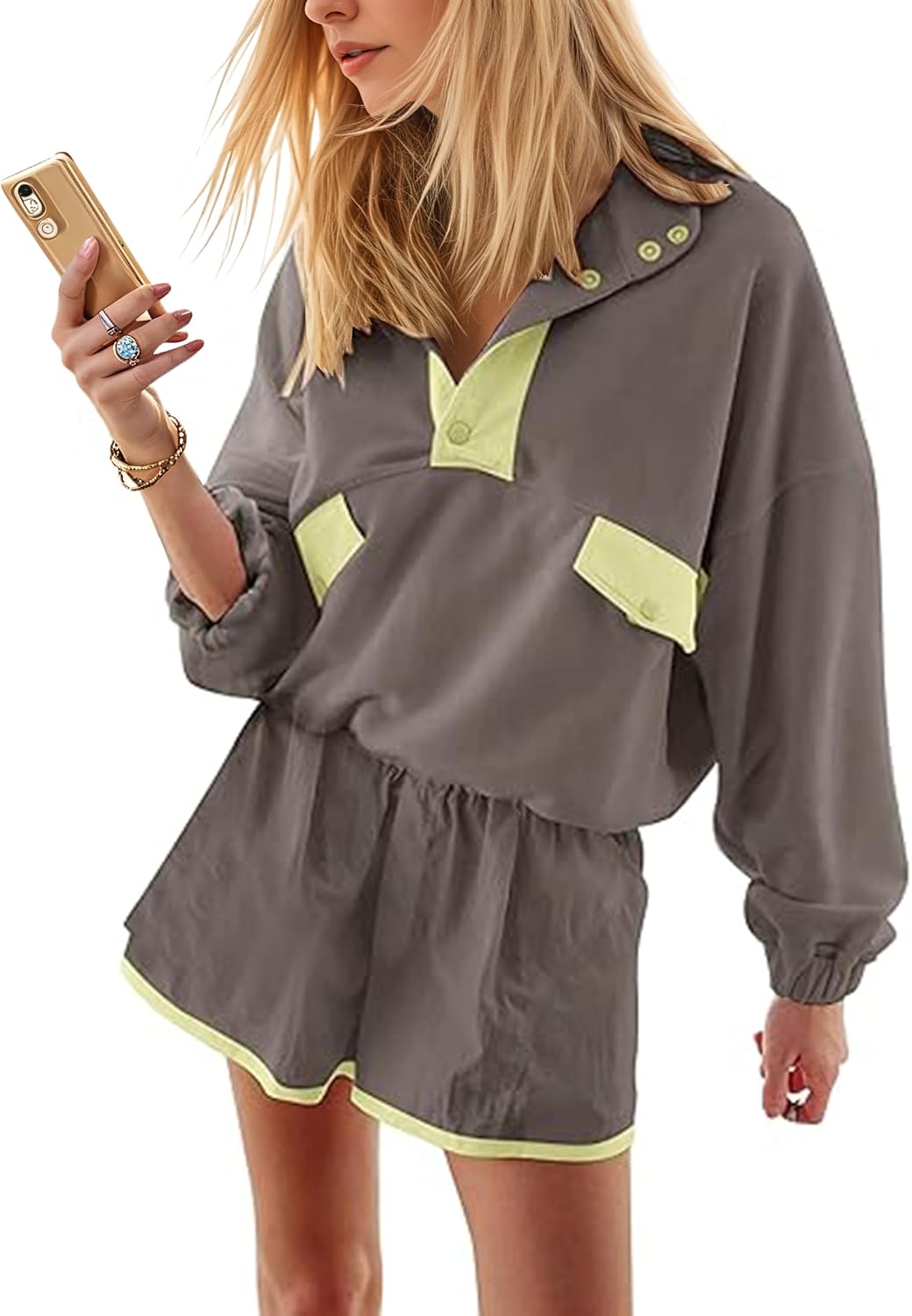 Womens 2 Piece Short Sets Loose Color Block Sweatshirt Short Set and Summer Long Sleeve Pullover Tracksuit with Pocket