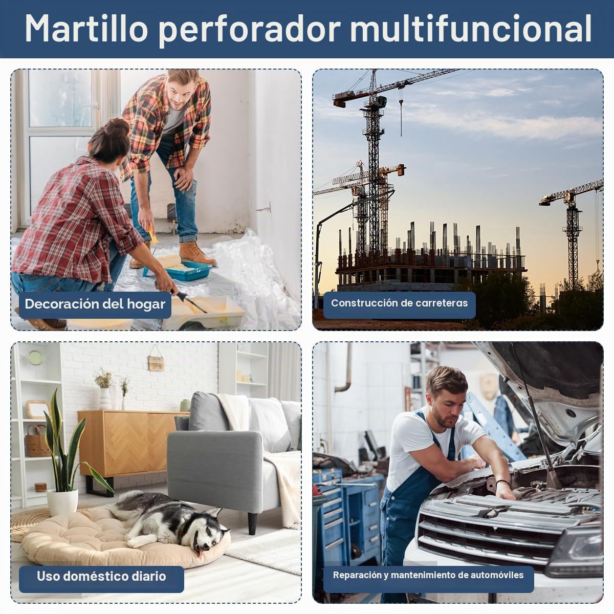 Taladro Percutor Inalámbrico, Sin Escobillas, Martillo Perforador 3 en 1 | Velocidad Regulable Sin niveles, Martillo Perforador con 6 Piezas, Mango Antivibración y Acoplamiento de Seguridad