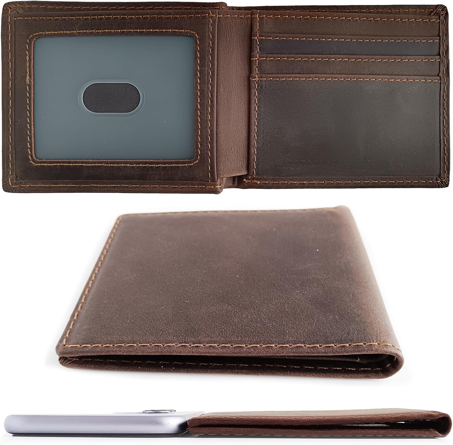 Men's Slim Front Pocket Bifold Wallets Full Grain Leather RFID Blocking with ID Window & Gift Box, Simple Design Minimalist Picture Holder for Men (Coffee)