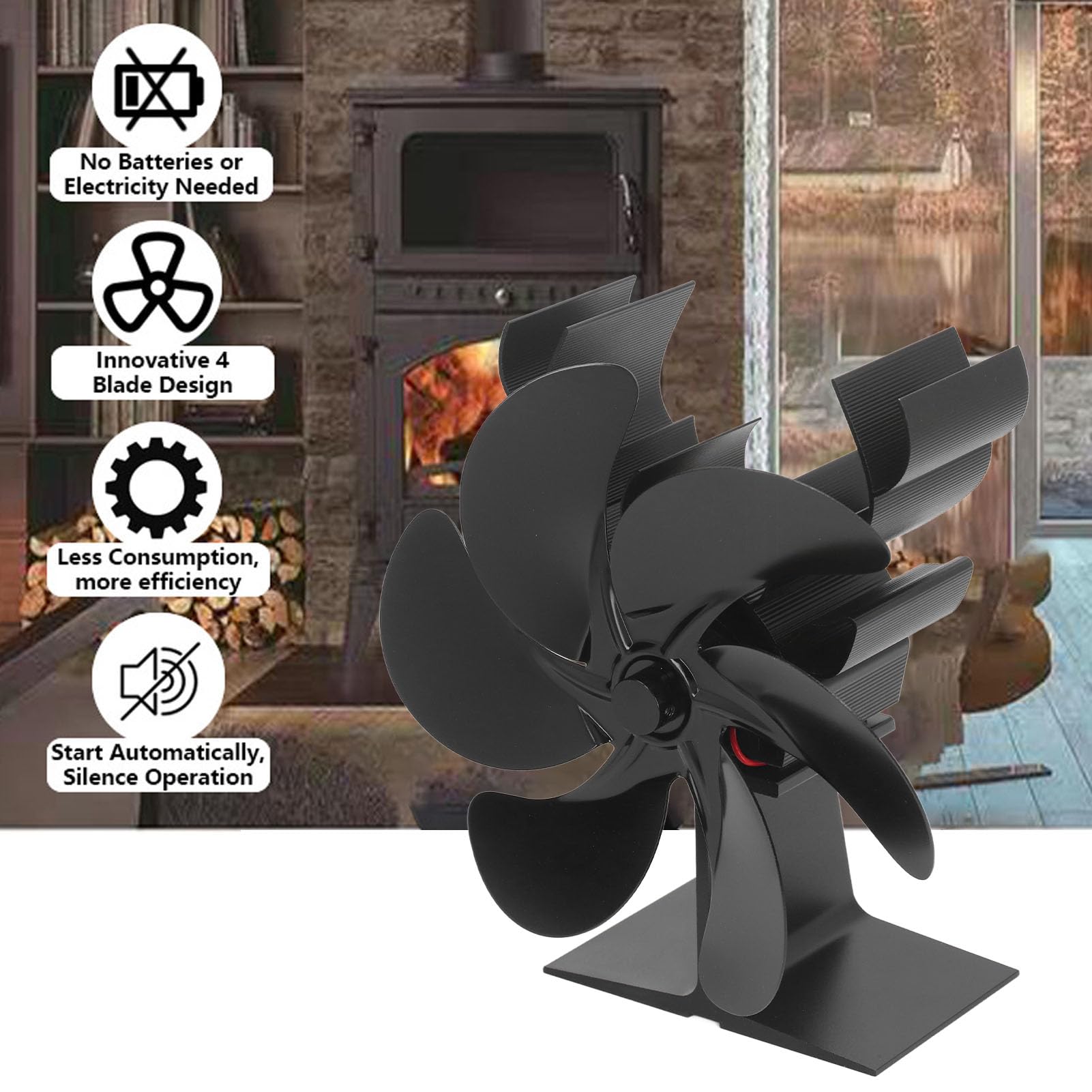 Ventilatore per stufa a legna a 6 pale per camino, risparmio energetico, resistente alle alte temperature