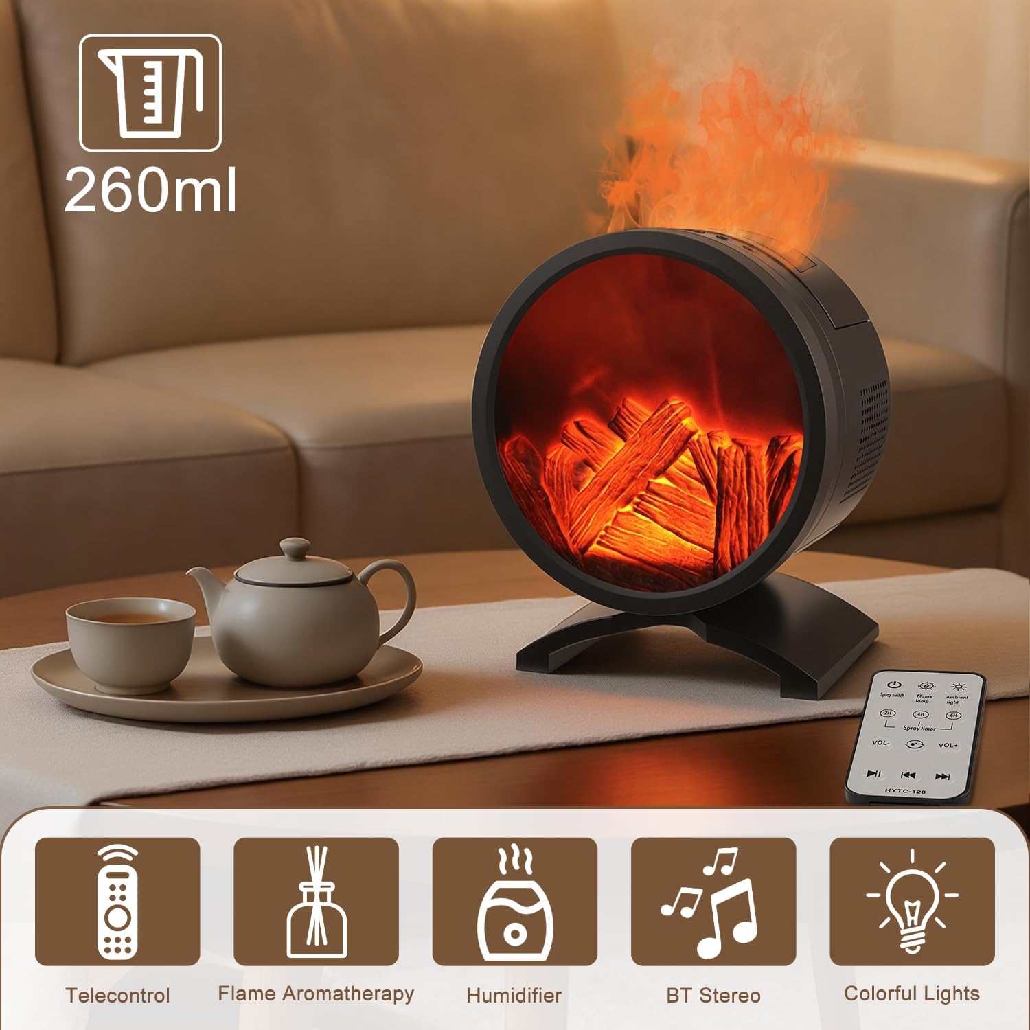 Fireplace Flame Oil Diffuser with Speaker & 260mL Fire Oil Diffuser,Essential Oil Diffuser 5 Color Fire Aroma Diffuser Aromatherapy Aroma Diffuser, Ultrasonic Mist with Timer & Auto Shut-Off