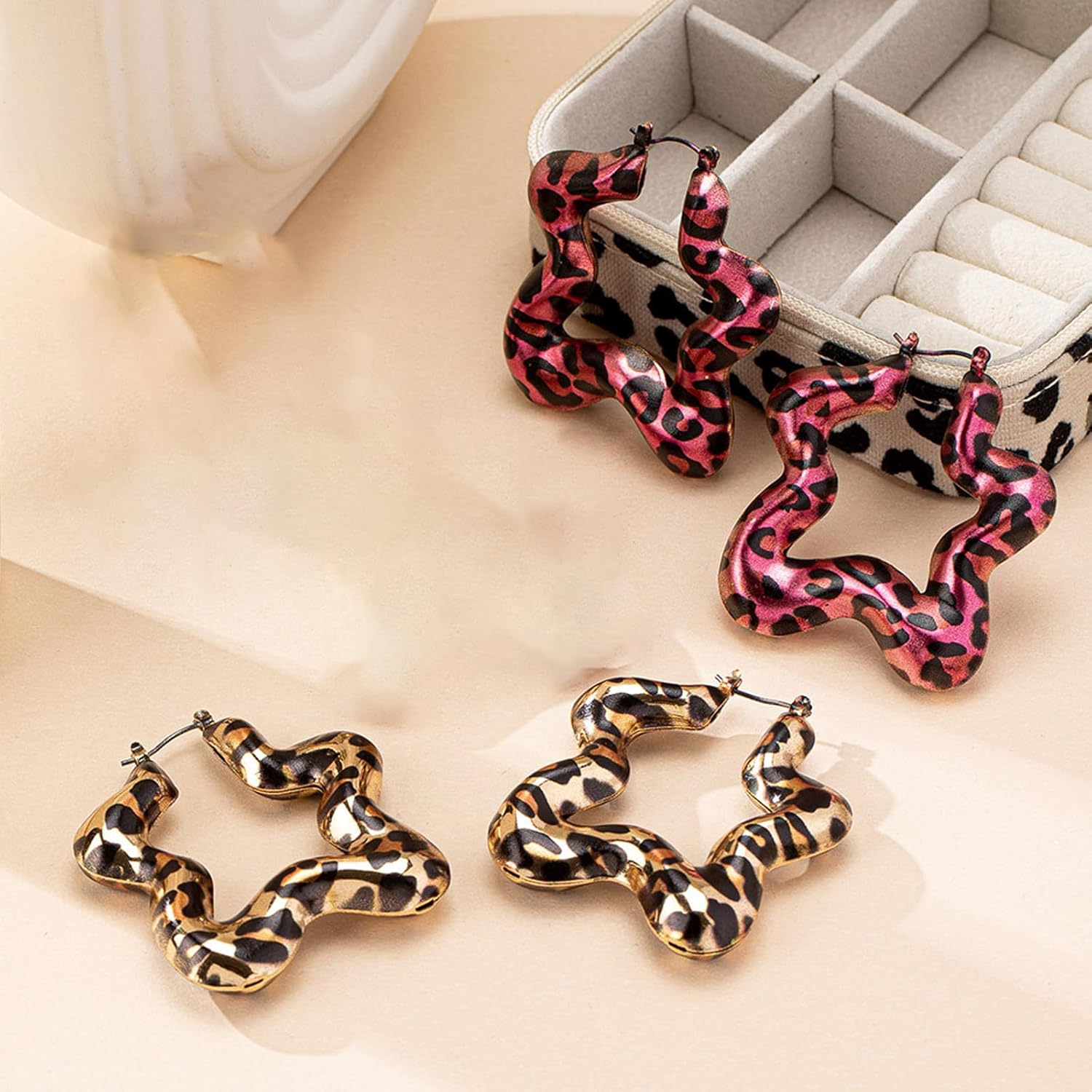 Gold Leopard Star Earrings for Women Big Pink Leopard Star Hoop Earrings Boho Hollow Stars Earring Trendy Jewelry Gifts - Image 6