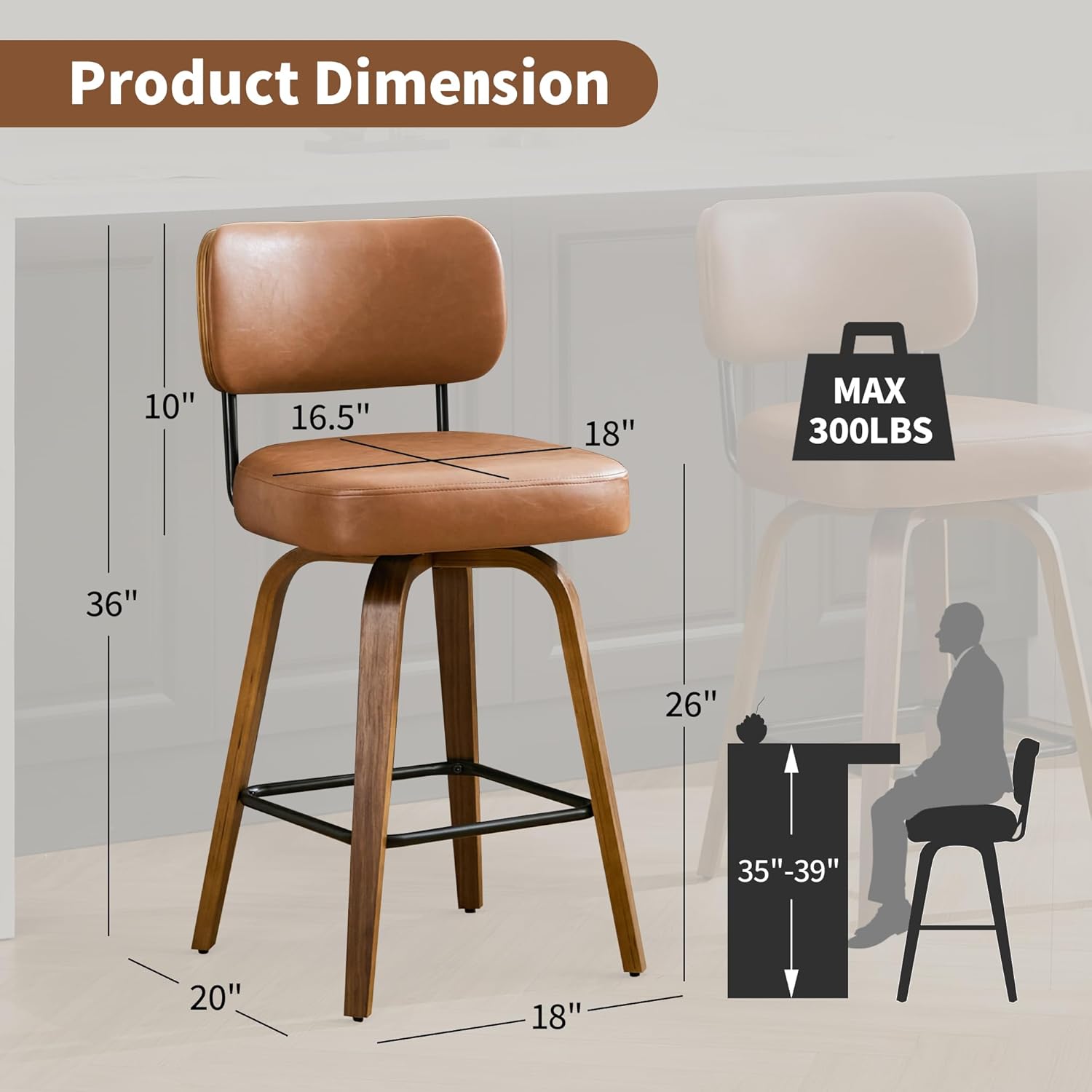 Solstrand Swivel Counter Height Bar Stools Set of 3, 26" Upholstered Faux Leather Bar Stools with Back and Walnut Wood Legs, Mid Century Modern Counter Stools for Kitchen Island Dining Room, Brown