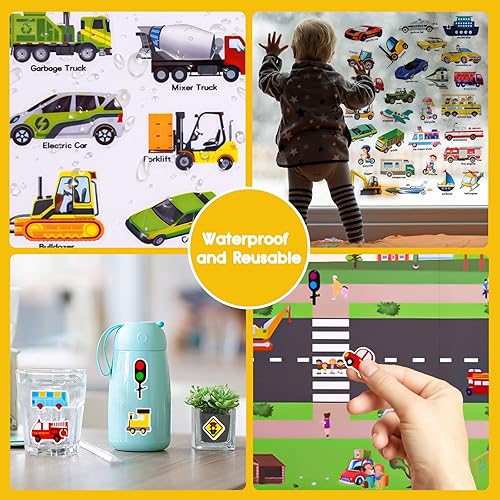 Miniatura 4 de ASTARON 88 Piezas Libro de Calcomanías de Vehículos para Niños Pequeños, Libros de Calcomanías 3D Reutilizables Actividades de Viaje por Carretera