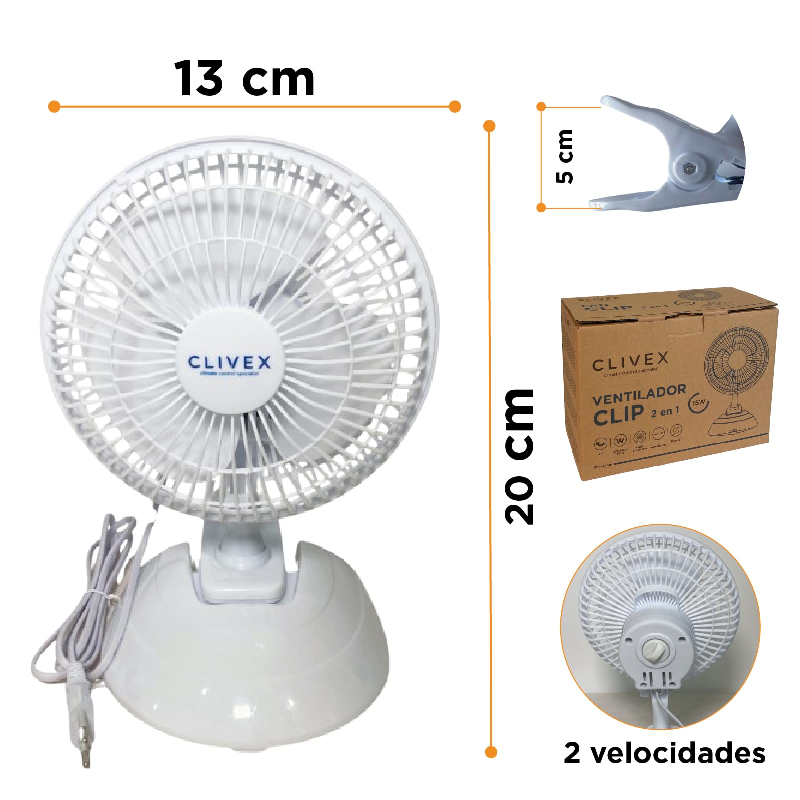 Ventilator mit Klammer und Clip, 15 cm (15 W), 2 Geschwindigkeitsstufen, inklusive Basis zur Verwendung als Schreibtisch