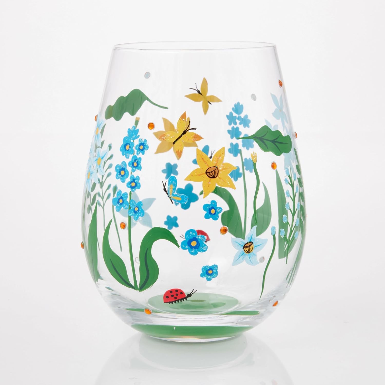 Enesco Lolita Meadow of Floral Fields Hand-Painted Artisan Stemless Wine Glass, 20 Ounce, Multicolor