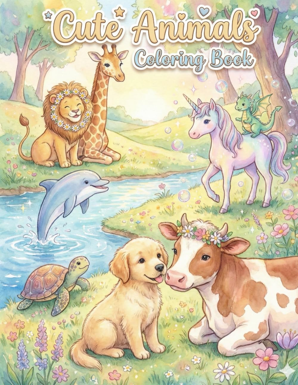 Cute Animals Coloring Book: A Fun and Relaxing Coloring Book for Kids Featuring Farm, Wild, Sea, and Fantasy Animals