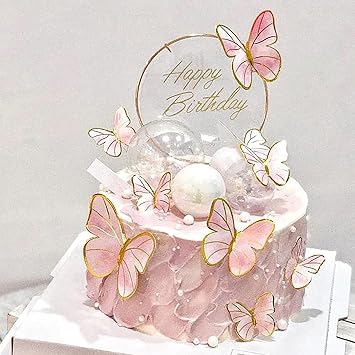 Pink Butterfly Cake Toppers, 11pcs Cupcake Toppers Happy Birthday Metal Gold Topper for Girls Womens Party Decorations