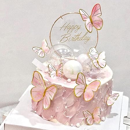Pink Butterfly Cake Toppers, 11pcs Butterfly Cupcake Toppers Happy Birthday Metal Gold Cake Topper for Girls Women's Birthday Cake Party Decorations