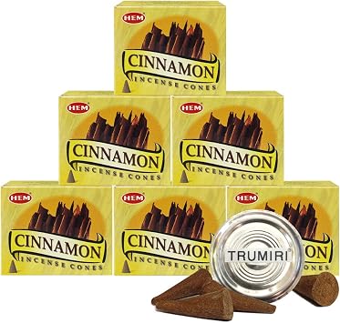 TRUMIRI Incense Cone Holder Bundle with Hem Cinnamon Incense Cones - Pack of 6 Approx 60 Cones