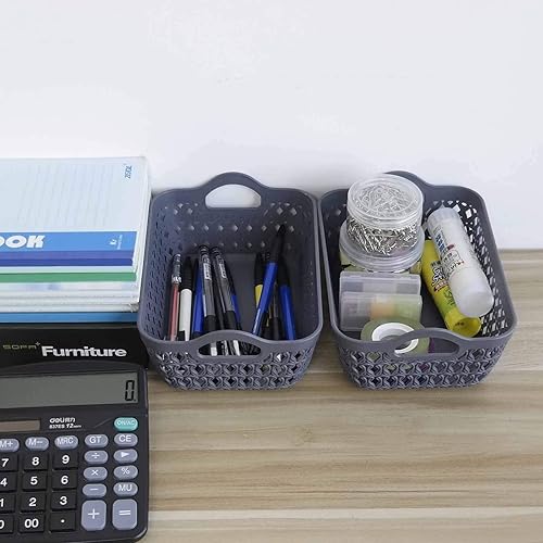 Miniatura 9 de Readsky Cestas de almacenamiento de plástico pequeñas con asas, cestas de almacenamiento de escritorio, gris profundo, 12 paquetes