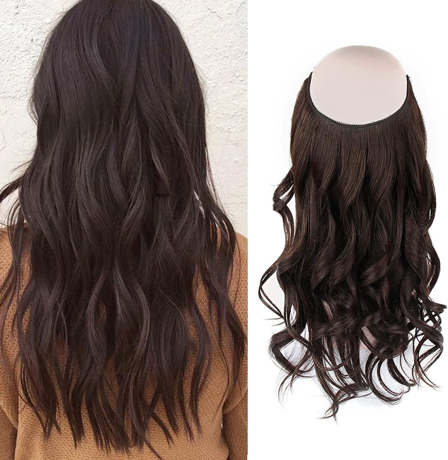 Sassina Invisible Wire Hair Extensions Real Human Hair with Transparent Wire Adjustable Size Secure Clips Natural Straight Secret Miracle Hairpiece, #2 Dark Brown 20 Inch 100 Gram