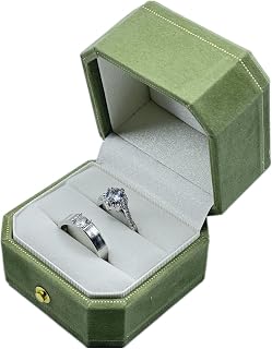 WHSLILR Velvet Wedding Ring Box - Octagon 2 Slots Engagement Boxes with Hinged Lid for Proposal Engagement Wedding, Proposal Ring Box with Gold Lace-Green