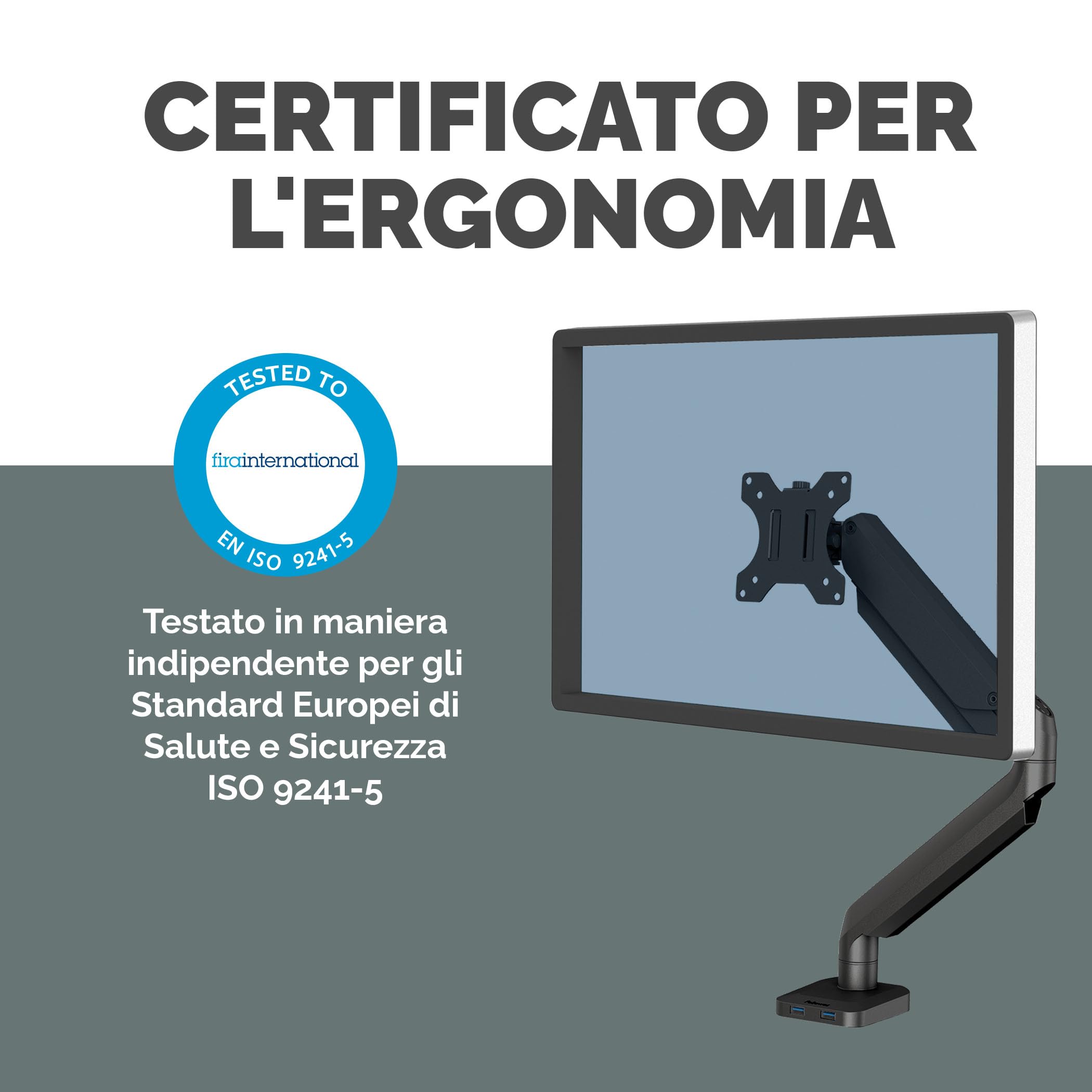 Fellowes Braccio monitor singolo Platinum Series, con molle a gas, con funzioni di oscillazione, inclinazione, rotazione, 2 porte USB, dimensioni massime monitor 30" (9 kg), Nero