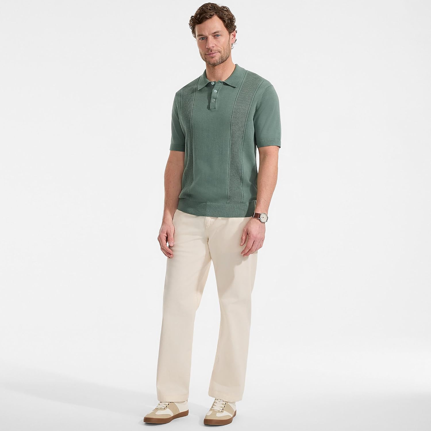 Lands' End Men's Short Sleeve Vertical Rib Button Down Sweater Polo