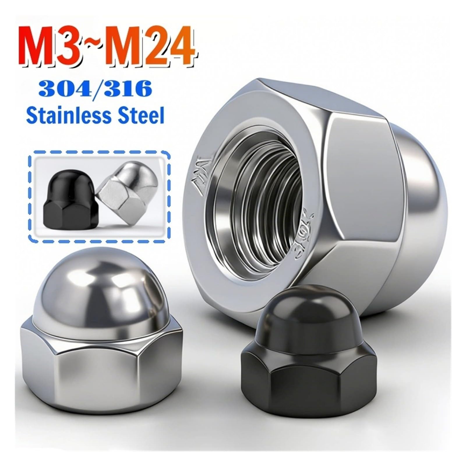 ZS Hardware Nakrętki kołpakowe ze stali nierdzewnej M3-M24 Nakrętki sześciokątne kopułkowe Acorn 304 316 Czarne(Black SUS 304,M24mm-1pcs)