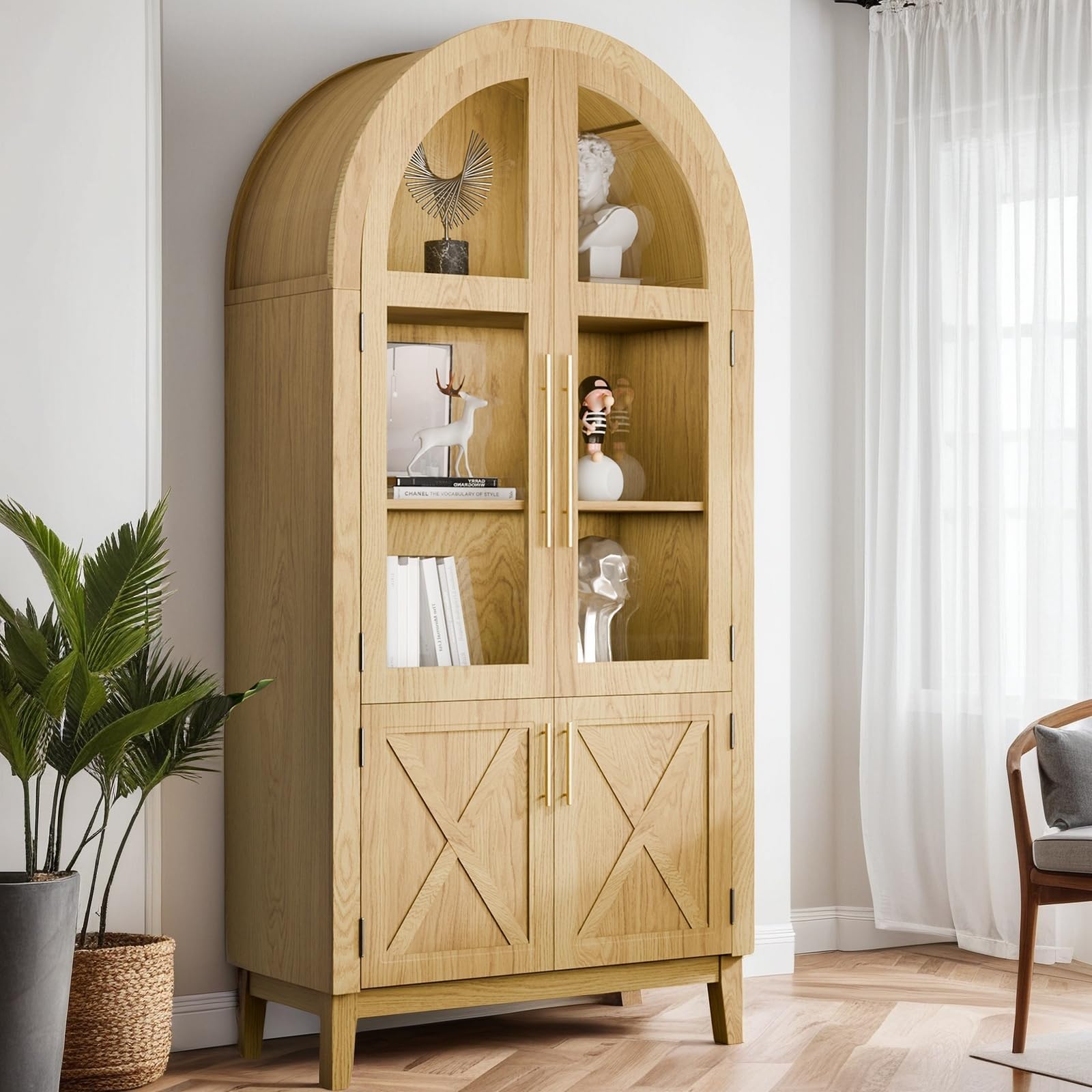 FONTOI Arched Cabinet with Glass Doors, Kitchen Storage Cabinet with Door, 5-Tier Arched Bookcase with Adjustable Shelves, Hutch Cabinet with Storage for Living Room, 74.3 Inch