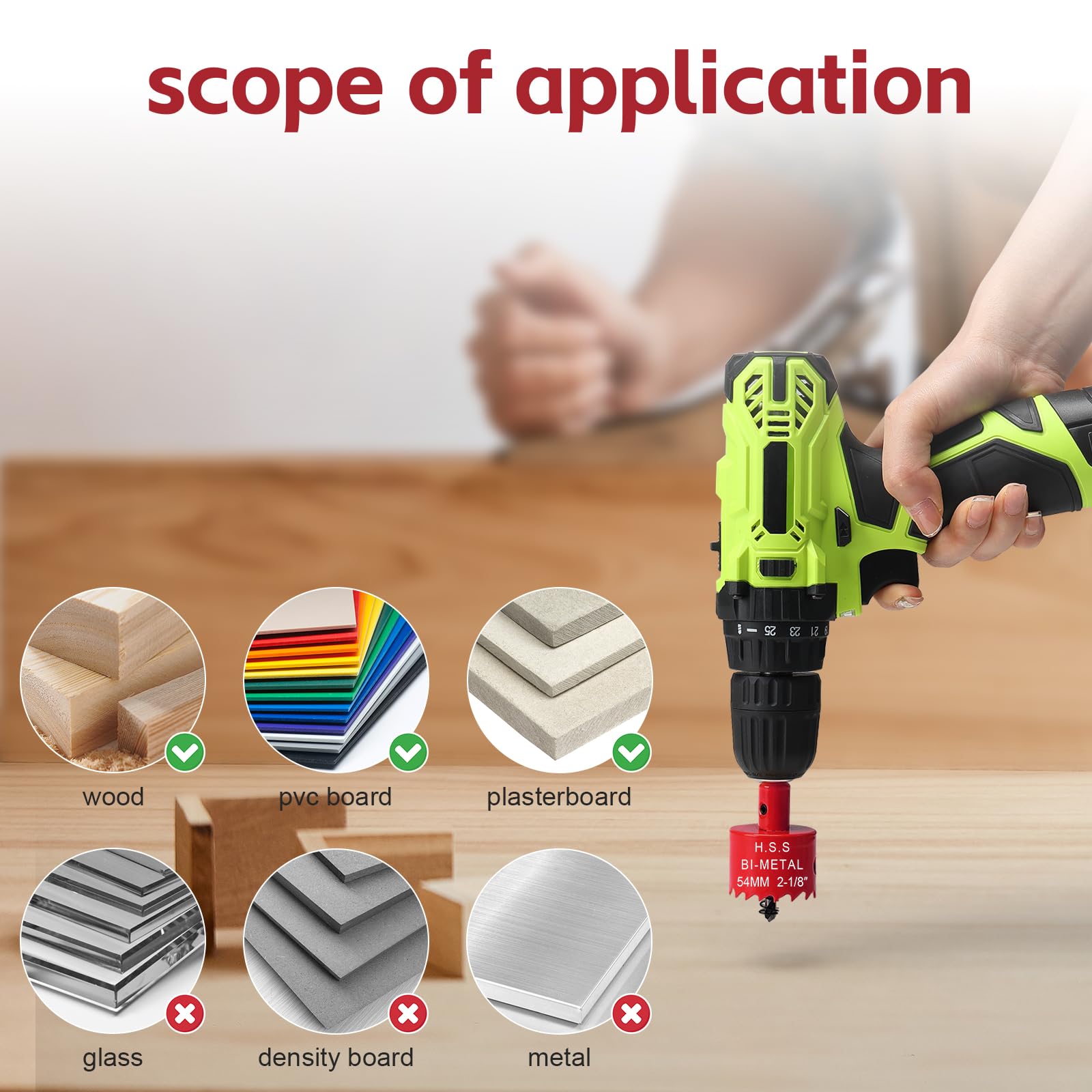 54mm Hole Saw, HSS Bi-Metal Hole Cutter with Drill Bit, Heavy Duty Hole Saw for Wood Plastic, Drywall, Fiberglass, Red - Image 3
