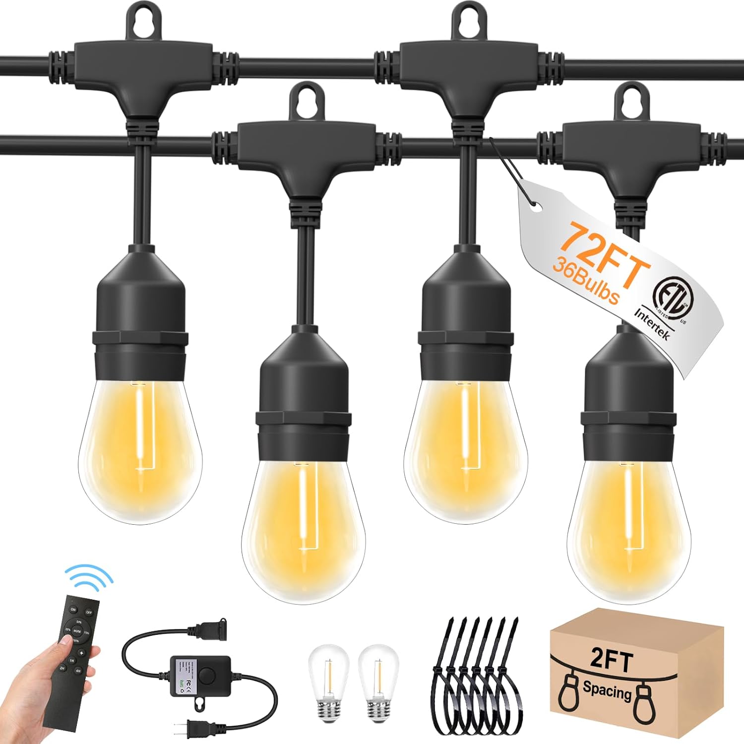 72ft Outdoor String Lights with Remote & Dimmer,36+2 Commercial Grade IP65 Waterproof Bulbs, 2700K Warm White,3 Lighting Modes & Timer,Includes 40 Cable Ties for Patio,Garden, Party