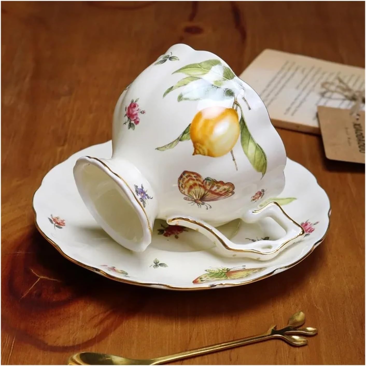 Ceramic Mug Coffee Cup and Saucers Set Lemon Pattern Retro Afternoon Tea Cup Dessert Plate(Color: 1)