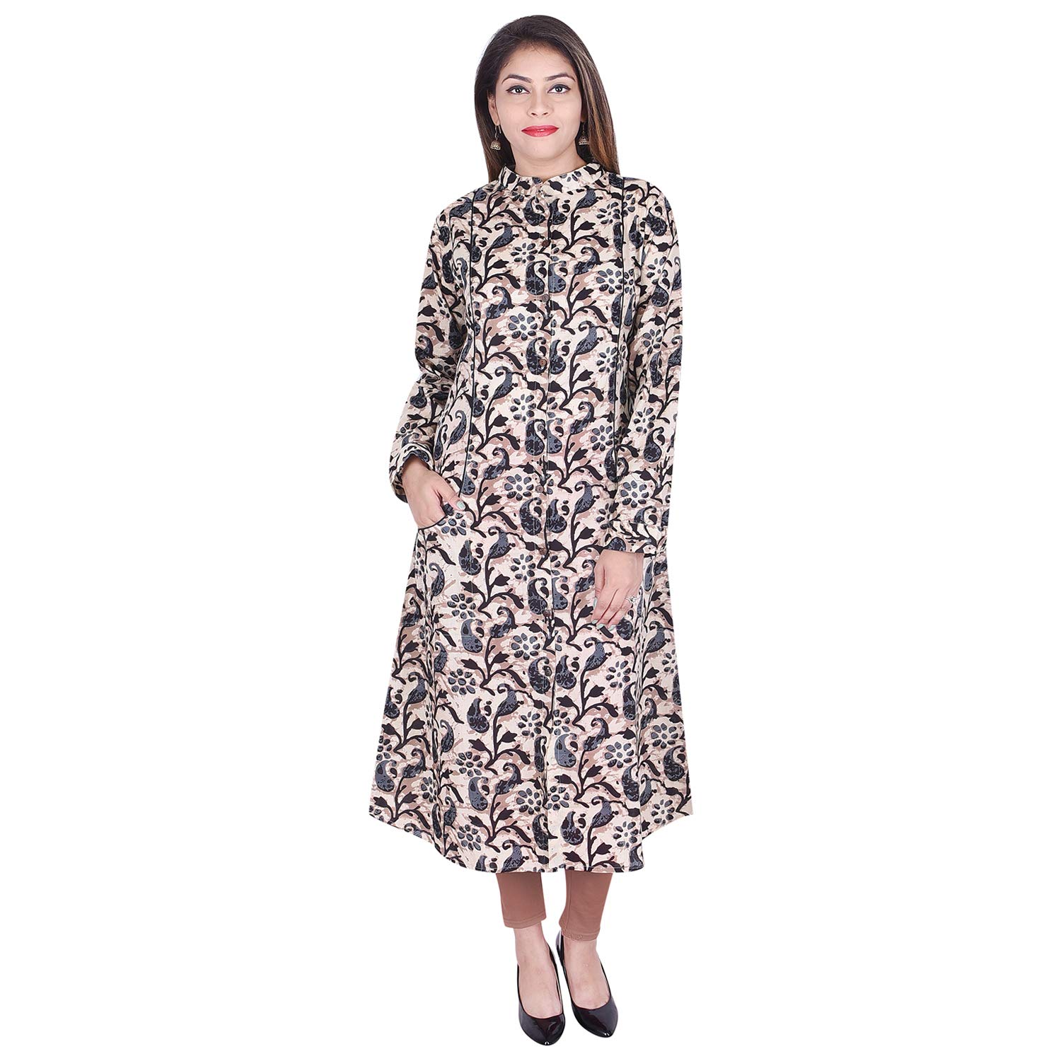 Vaachi Women's Printed Regular Fit Straight Cotton Kurti Brown