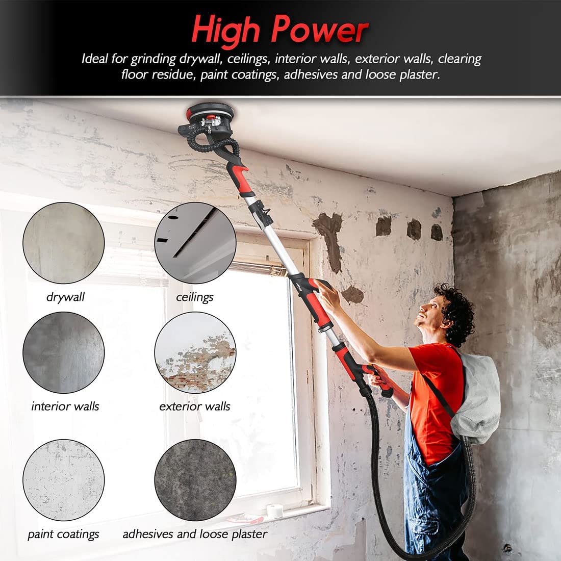 Lijadora de paneles de yeso, lijadora eléctrica de pared de 1250 W con accesorio de aspiradora, lijadora de pared con 50 discos de lijado, velocidad variable, mango extensible, luz LED para lijado de