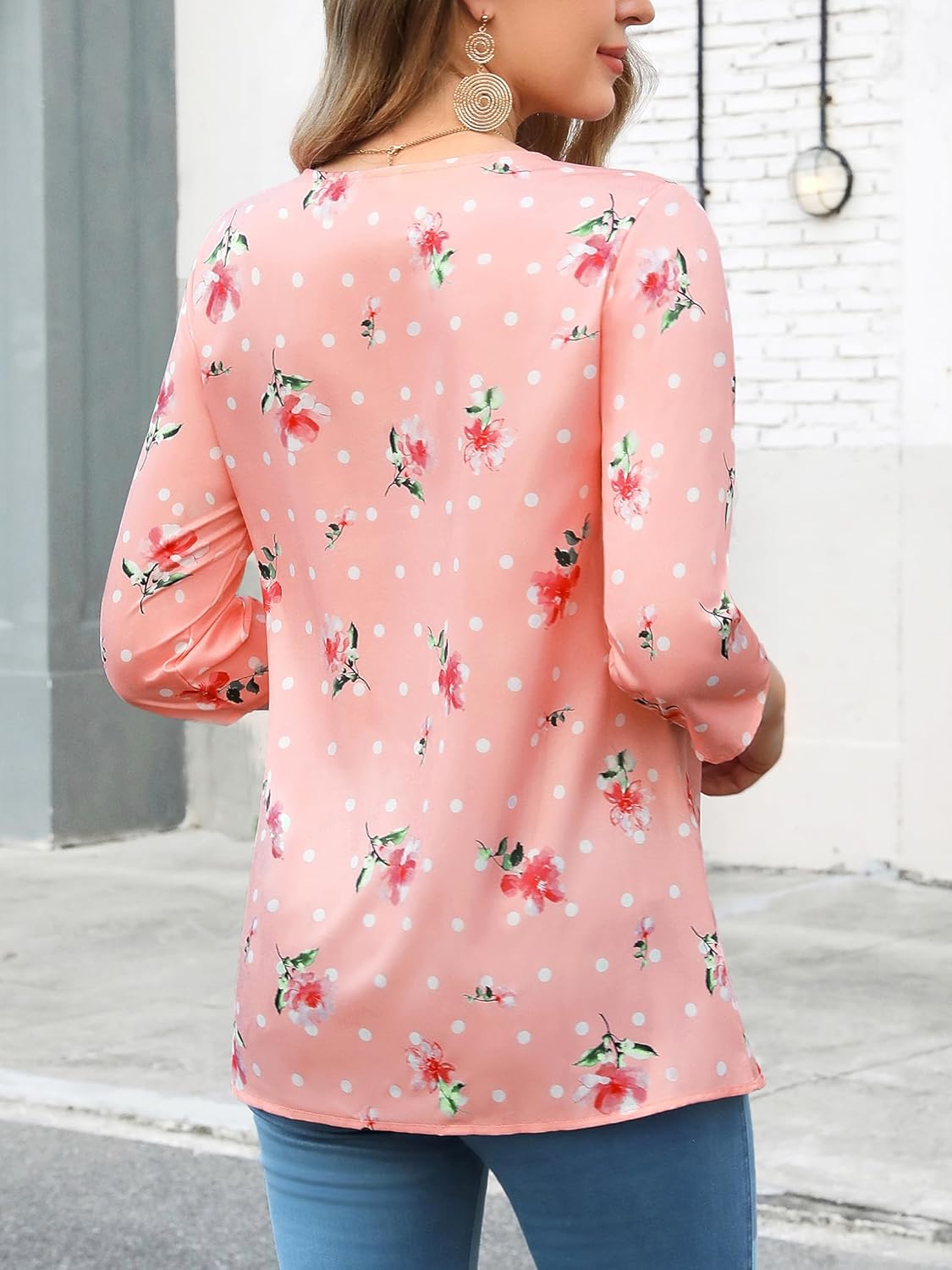 WLLW Womens Floral Printed 3/4 Sleeve Blouses Summer Pleated Front Tunic Tops V Neck Loose Fit Flowy Shirts - Image 2