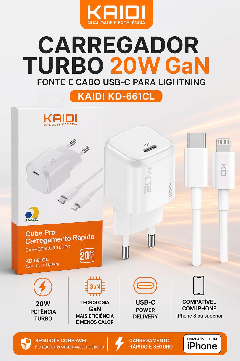 Carregador Turbo 20W GaN Fonte e Cabo USB-C para Lightning Kaidi