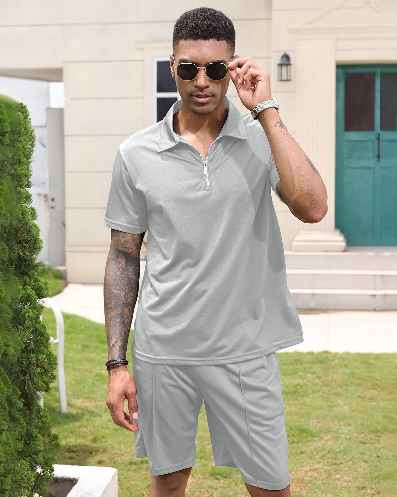 PRIVIMIX Hommes Survêtement d'été 2 Pièces Manches Courtes T-shirts Polo Jogging Ensemble de Chemises Pantalon court Business Tenue de Loisir