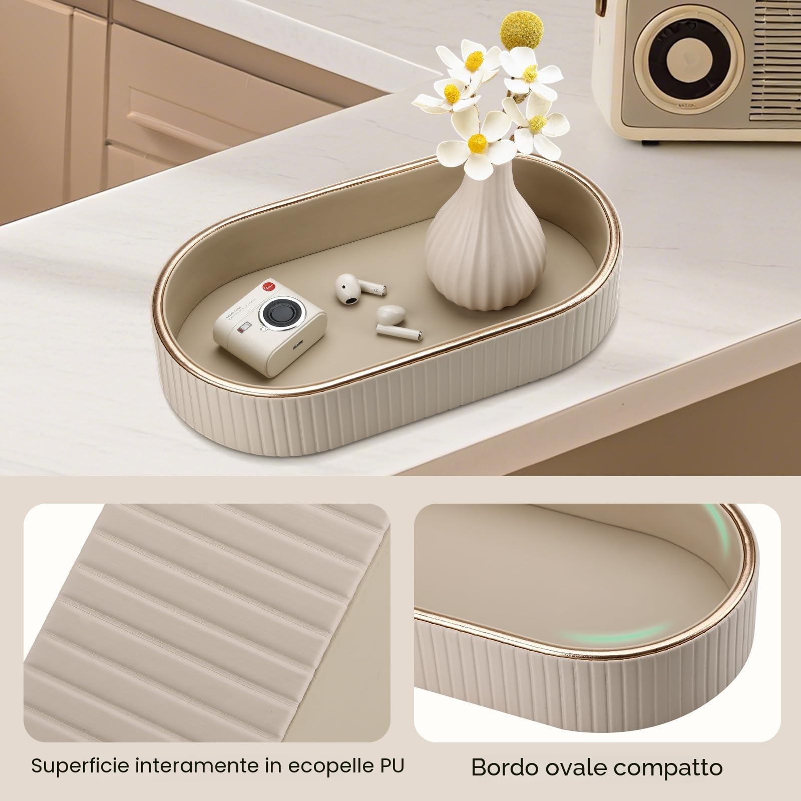 GORESE Vassoio da Bagno, Ovale Vassoio Decorativo in Pelle Vassoio Portaoggetti Vassoio per Profumi Svuotatasche Vassoio da Portata per Bagno,Cucina,Tavolo,Soggiorno,Camera da Letto(Beige)