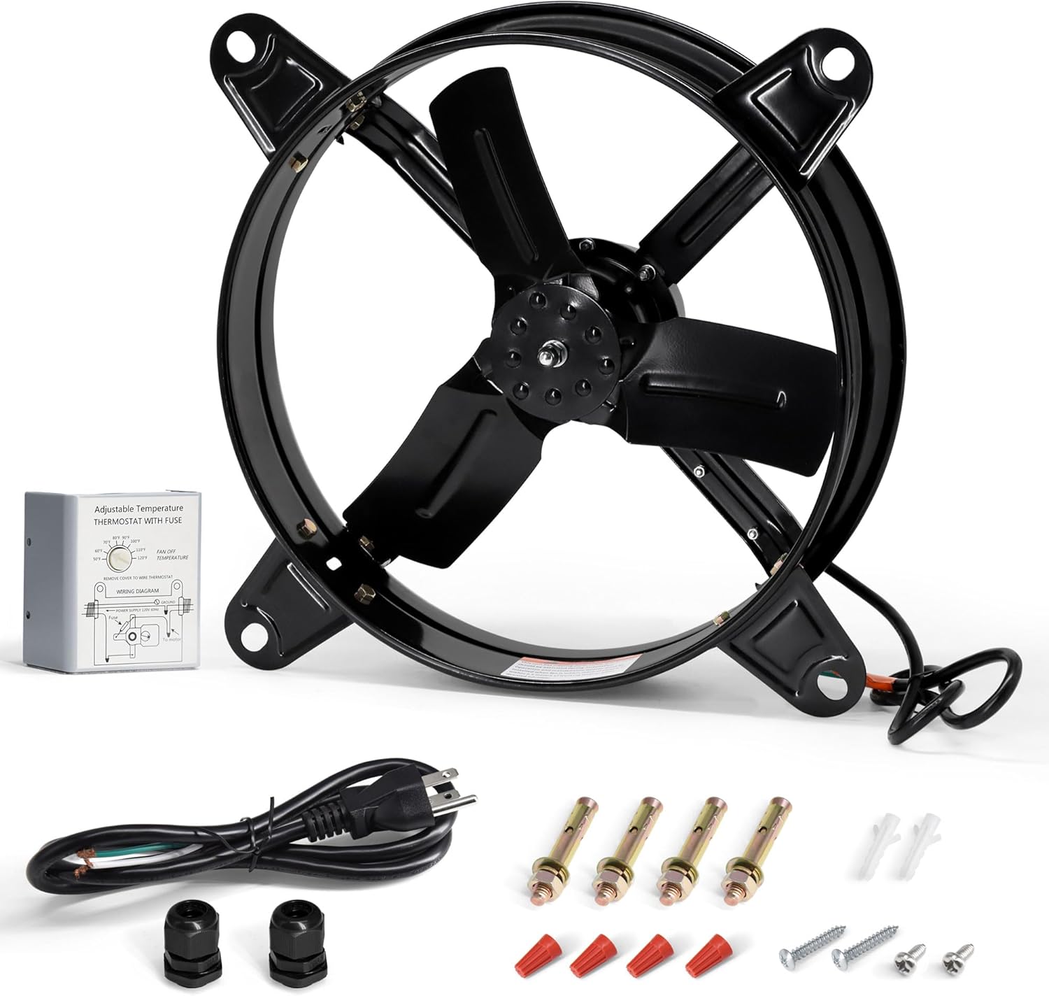 Gable Mount Attic Fan with Adjustable Thermostat, 16 Inch Exhaust Fan for Attic, Shed, Garage, Greenhouse, 2050 CFM High Power, 1480 RPM